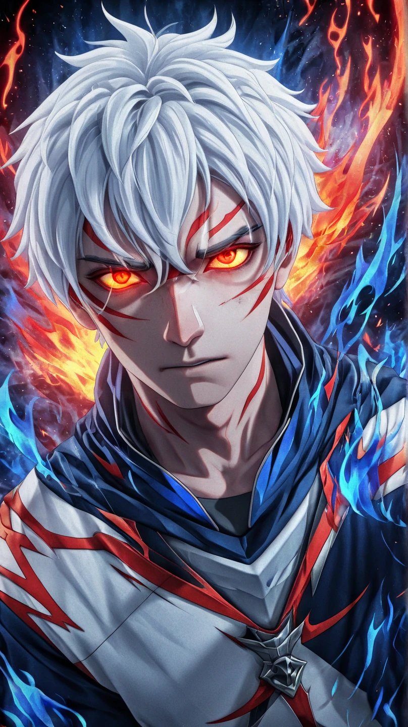 todoroki shoto, 1boy,male focus, ((split-color hair, white_hair, red_hair, short_hair,  heterochromia , right eye is grey, left eye is blue, hair_between_eyes, Muscular, 16:9 eyes )、 ice magic and fire magic in the background::1.9,split-color hair,white hair, red hair,short hair,scar,scar on face,burn scar, heterochromia ,grey eyes,blue eyes,hair between eyes,Wear a full blue jersey ::1.5