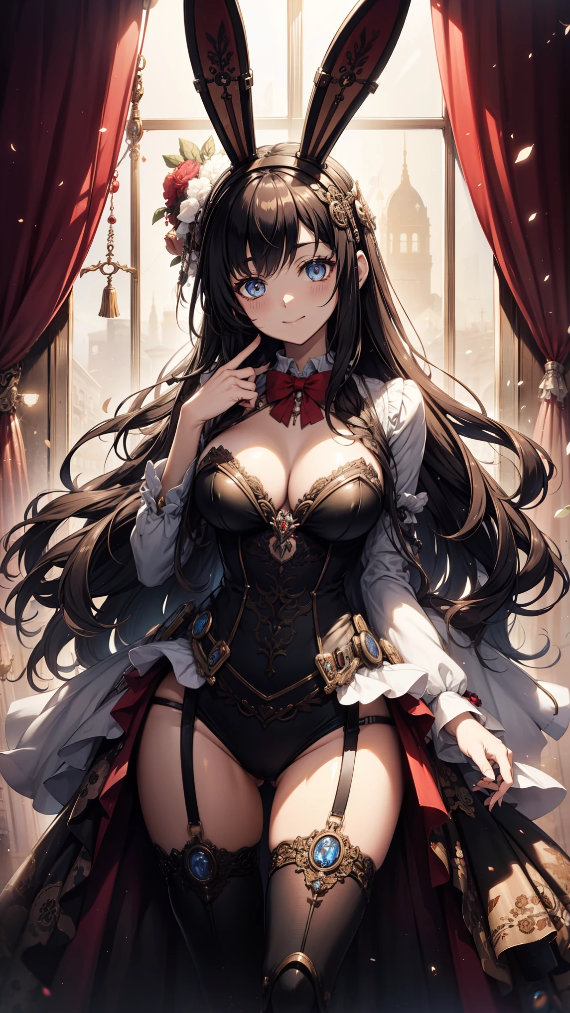 Anime, a glamour shot of a smiling MILF, wavy hair, busty, big ass, Standing demurely with her legs crossed in a bedroom, long sexy legs, leaning toward the viewer, with Smokey eyes and knowing smile wearing a revealing corset, lace stockings, insanely detailed face and eyes, intricate, hyper-detailed bedroom, digital illustration, masterpiece, beautiful eyes, atmospheric lighting, centered, perfect anatomy, glowing eyes, candid portrait, clear, very detailed, smooth, sharp focus, focused on the viewer, facing the viewer