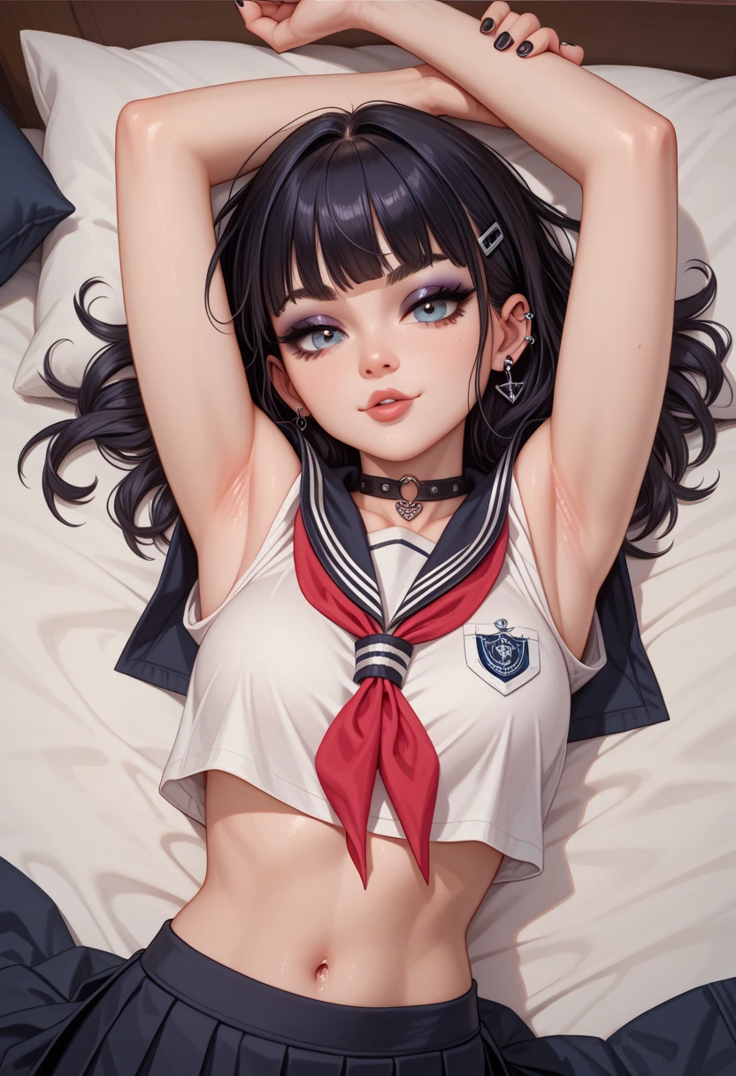 Cute goth teen girl in a sexy and alluring sailor uniform sexy pose stretching peek at armpits at home relaxing in her comfy bed