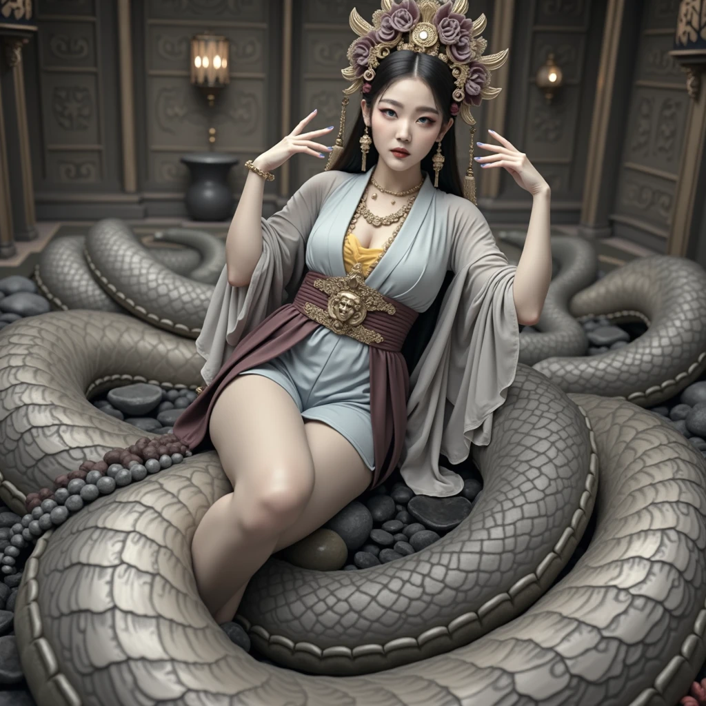 Temptating viewer, (8k RAW photo, hyper realistic, masterpiece, best quality, crisp detail, high definition, high detail, very rich detail, sharp focus, sharp detail, colorful, rich color, cinematic, perfect studio lighting), (full body photograph, mystic atmosphere), (((bare naked),(young lustful anger goddess), (fully nude, arrousing, temptating goddess, want to have sex, moaning, masturbating), (adorable beautiful baby face, evil round face, (smooth straight) bob haircut with pony, purple haired goddess, purple eyed goddess, big breast), (spreading legs, sensual pose, open legs, temptating viewer), smooth body, ideal body, evil smile)), ((clearly visible pussy, clearly visible nipples)), ((purple plants, cobra snake temple, naked female servants)),