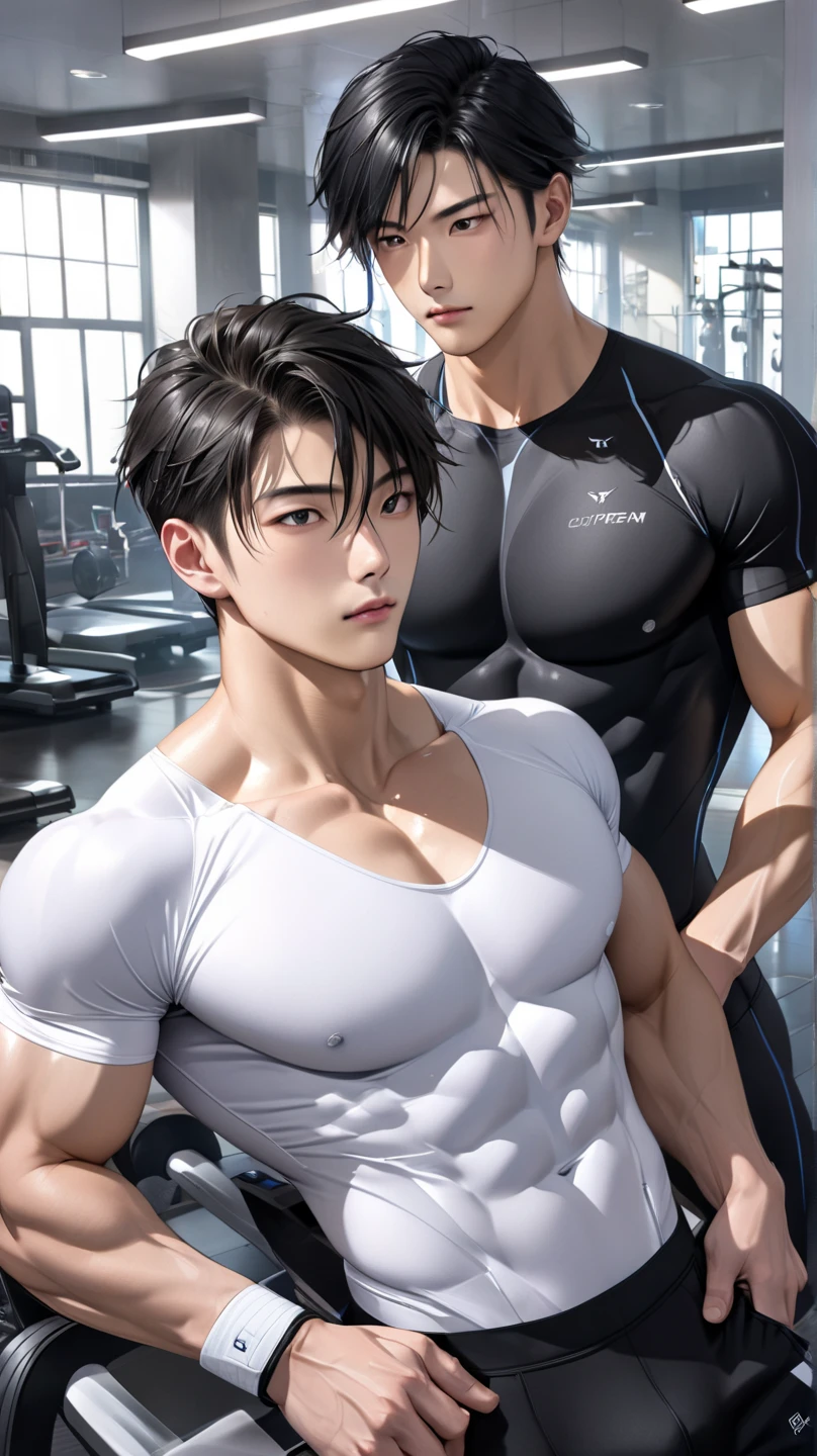 Image of two masculine men jin and yan in an empty metro train, (jin is a handsome 20 year old athletic man with cute face, medium height, wearing tight booty shorts, perfect facial features, well defined muscles, perfect bare body, pale skin, sexy gaze, looking at the viewers), (yan is a tall handsome 30 years old horney man, wearing tight booty shorts, perfect facial features, well defined muscles, perfect bare body, pale skin, sexy gaze, looking at the viewers,), (jin is standing in front of yan with shocked expression while yan is hugging jin from back, yan's one hand is on jin's stomach and another hand is in jin's shorts grabbing his crotch), facing the camera, sexy, gay, homoerotic, cinematic lighting, cinematic shadows, full body, fill frame, highly detailed, intricate details, photorealistic, sharp focus