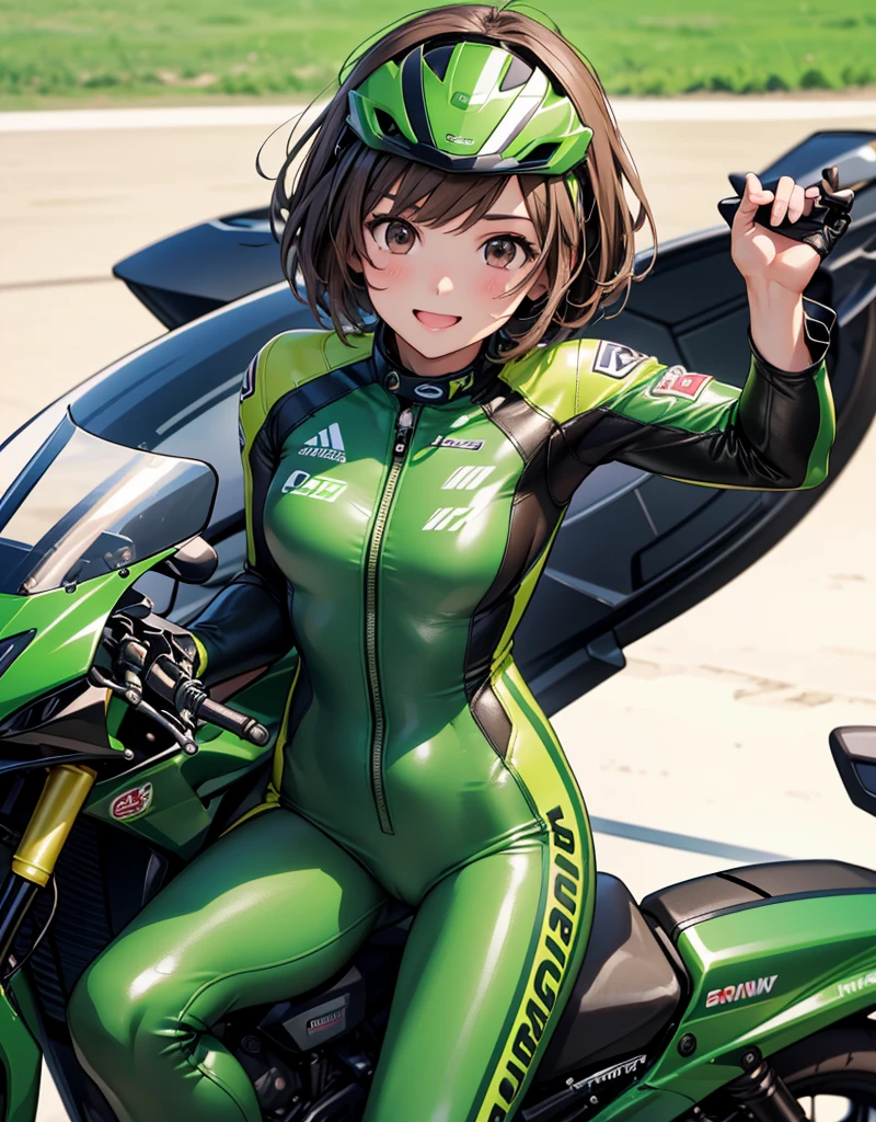  One girl , solo,  high res, chest,  blush,  smiles,  short hair , bangs,  brown eyes,  high res, masterpiece, accurate,  anatomically correct,  wins numerous awards, 最 High Quality , high detail,  high definition model ,  High Quality ,  retina,  very detailed,  Ultra Fine, Brown Hair, standing, ((( GREEN LEATHER RACING SUIT ))), circuit field background , GREEN SPORTS BIKE ,  wear a green racing suit all over, Leather gloves,  open your mouth and laugh, Highlight the whole body,  don't reveal your skin, Hold the helmet on your right , During a circuit race, Motorcycle circuit , motorcycle circuit,  racing suit with sponsor logo , ( One girl , Well-proportioned body,  cute face,  short hair:1.2), (最 High Quality ,  high res,  ANIME STYLE,  Motorsports rider with digital drawing mode  ,  realistic :1.1), MotoGP rider,  pose beside a MotoGP bike with a helmet in hand , ヘルメットを手に,  depth of field ,  Circuit Background ,  detailed texture 