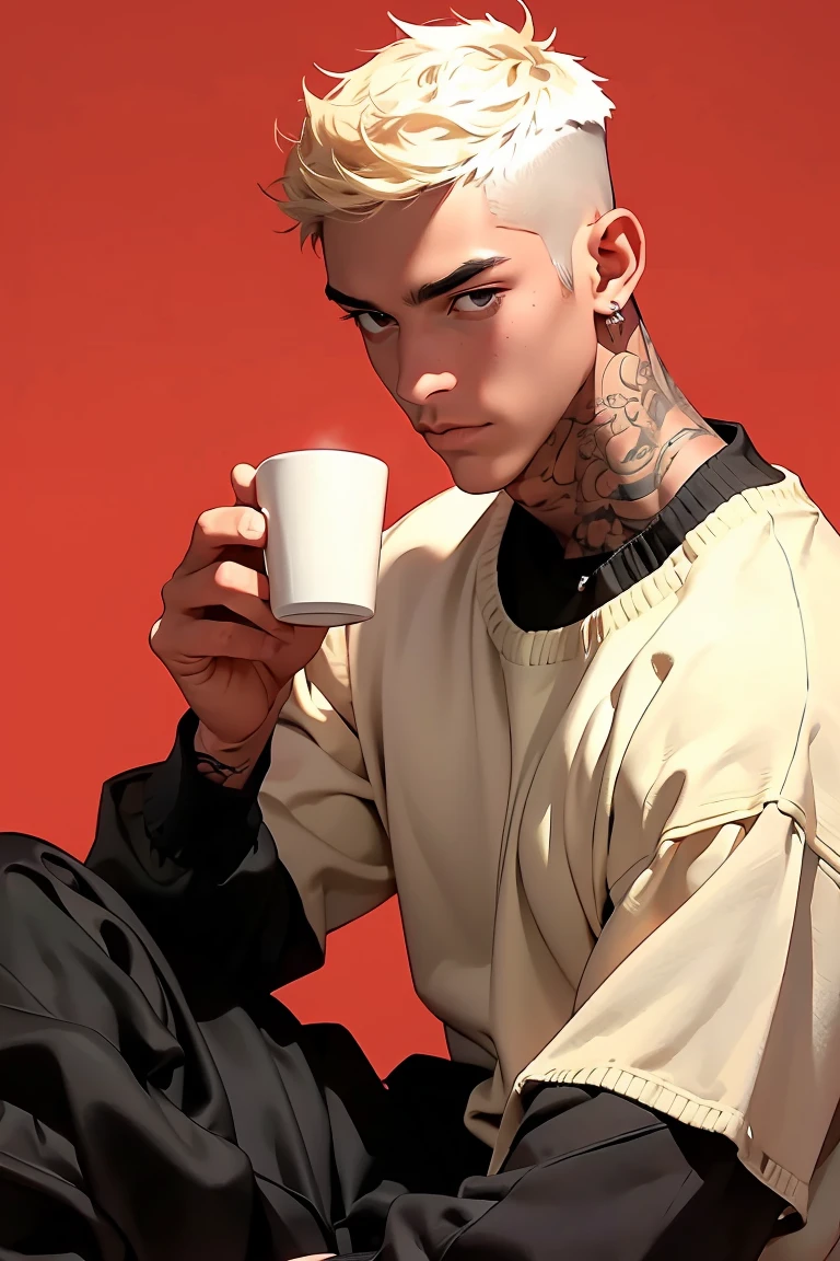 Highest quality, 8K, high resolution image, Jujutsu Kaisen anime style, dark skin, detailed strokes, blurred background, 1 man, young, golden brown eyes, strong look, meaningful eyes, muscular, muscular man, strong man, Blond Hair, short hair, (tattoos like Gekko Valorant), cool guy, fashion designer guy He is wearing a fashionable sweater and sweatpants. Background: He is sitting in front of a carmine in a warm-looking room and is holding a cup of coffee in his hand