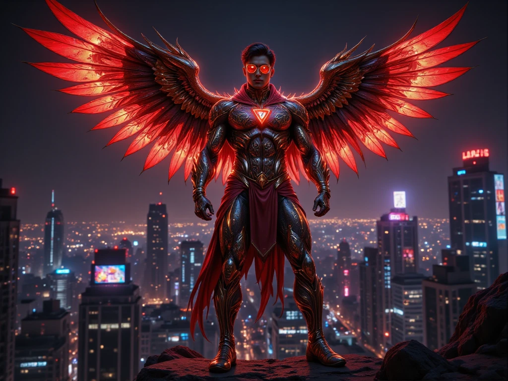 Create a design of a full body man wearing a flash costume inspired by the Garuda bird from the Indonesian national symbol. with large red and gold bird wings, its body shape is muscular and flexible. The main colors are red, gold and black. The armor has a typical Indonesian batik pattern, has sharp bird-shaped details, and the glasses are shaped like eagle eyes. The transformation item is a claw-shaped triangle. The setting is a modern city at night, the male character stands on top of a high-rise building, neon lights reflected on the armor