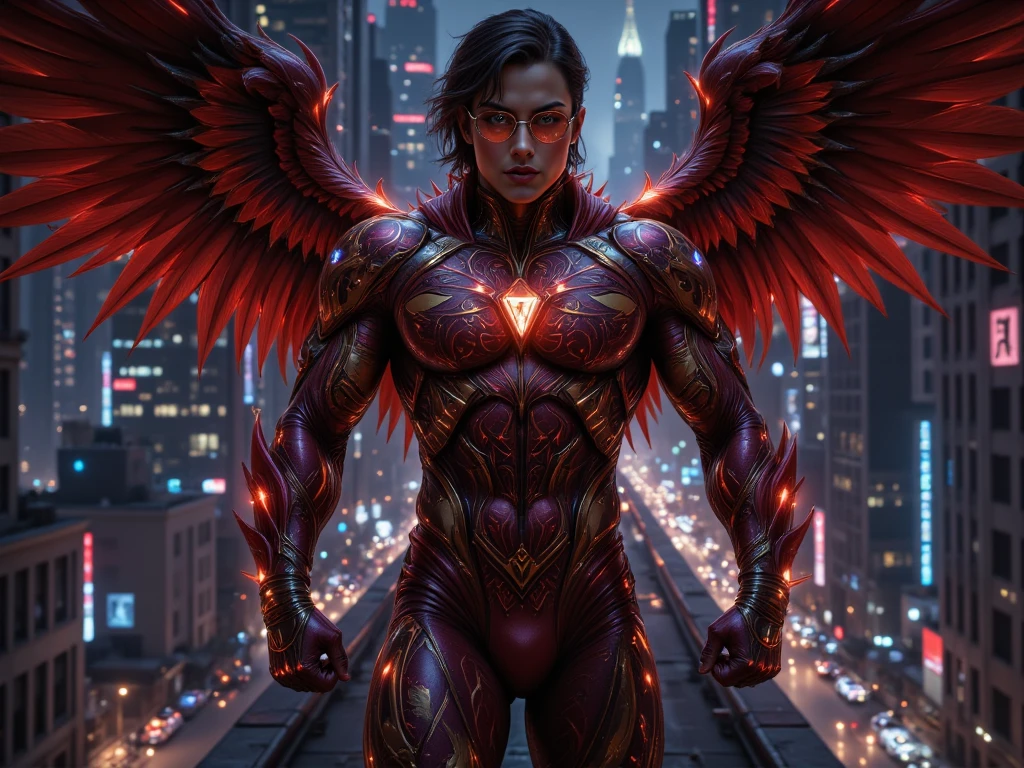 Create a design of a full body man wearing a flash costume inspired by the Garuda bird from the Indonesian national symbol. with large red and gold bird wings, its body shape is muscular and flexible. The main colors are red, gold and black. The armor has a typical Indonesian batik pattern, has sharp bird-shaped details, and the glasses are shaped like eagle eyes. The transformation item is a claw-shaped triangle. The setting is a modern city at night, the male character stands on top of a high-rise building, neon lights reflected on the armor