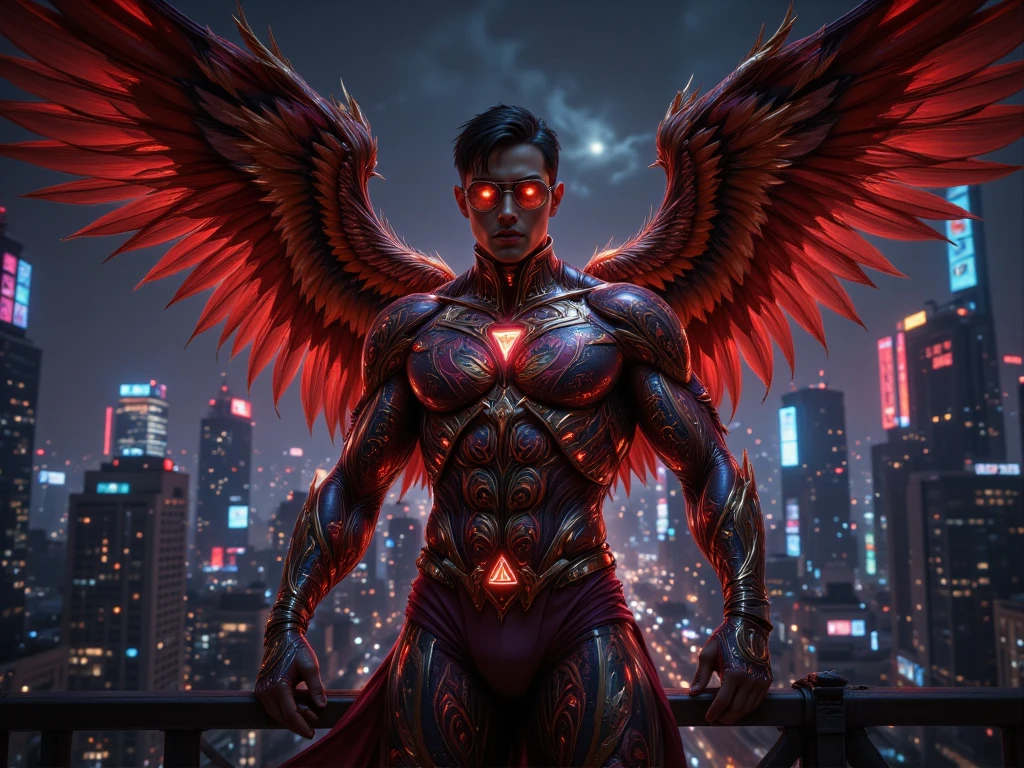 Create a design of a full body man wearing a flash costume inspired by the Garuda bird from the Indonesian national symbol. with large red and gold bird wings, its body shape is muscular and flexible. The main colors are red, gold and black. The armor has a typical Indonesian batik pattern, has sharp bird-shaped details, and the glasses are shaped like eagle eyes. The transformation item is a claw-shaped triangle. The setting is a modern city at night, the male character stands on top of a high-rise building, neon lights reflected on the armor