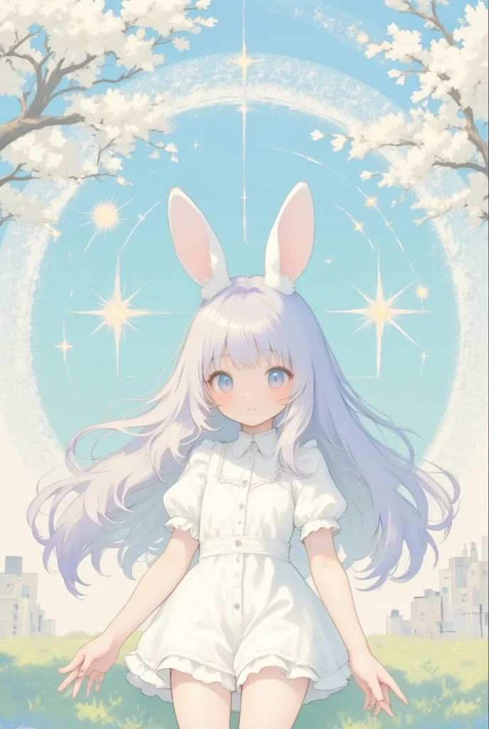 ultra detailed, best quality, 1girl, she is white rabbit, rabbit ears on head, smile , sitting , look at me, angelic atmosphre, bright , glittering particles, shiny, soft color, kawaii anime, cute illustration, angell dust falling, fancy style,
