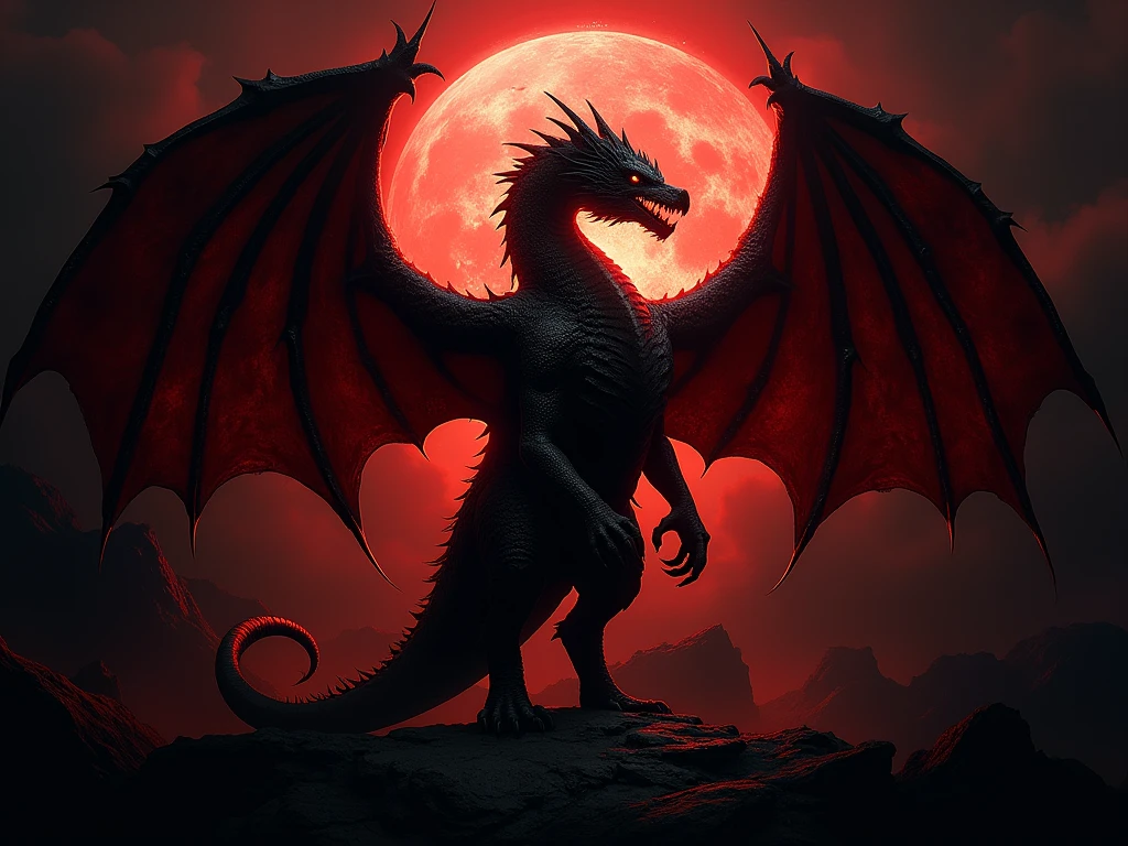 Mythical black dragon, author：Zdzislaw Beksiński、Big eyes、Red Moon