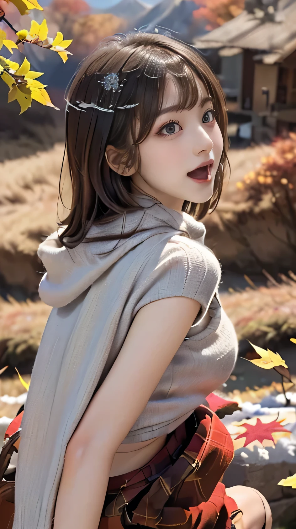 (((Best Quality))), ((masterpiece)), (detailed), ((solo)), (((((((1 high school girl in winter school uniform))))))), tall, (((((Glowing face and skin))))), ((((White skin)))), ((((Angle of view that includes face and whole body)))), (((Well-formed face))), ((Big eyes)), ((((((((Droopy eyes)))))))), (((Closer Eyes))), ((Glowing skin)), (((((Correct Anatomy))))), ((((Delicate slim thighs)))), ((((Stylish bangs)))), ((Stylish hairstyle)), ((((((Delicate slim lower body)))))), (((((Open Mouth))))), (((Cheek))), ((Showing tongue)), (((((((((Angle from afar))))))))), ((((((Autumn leaves in the mountains)))))), (((Big scarf))), ((((profile)))),