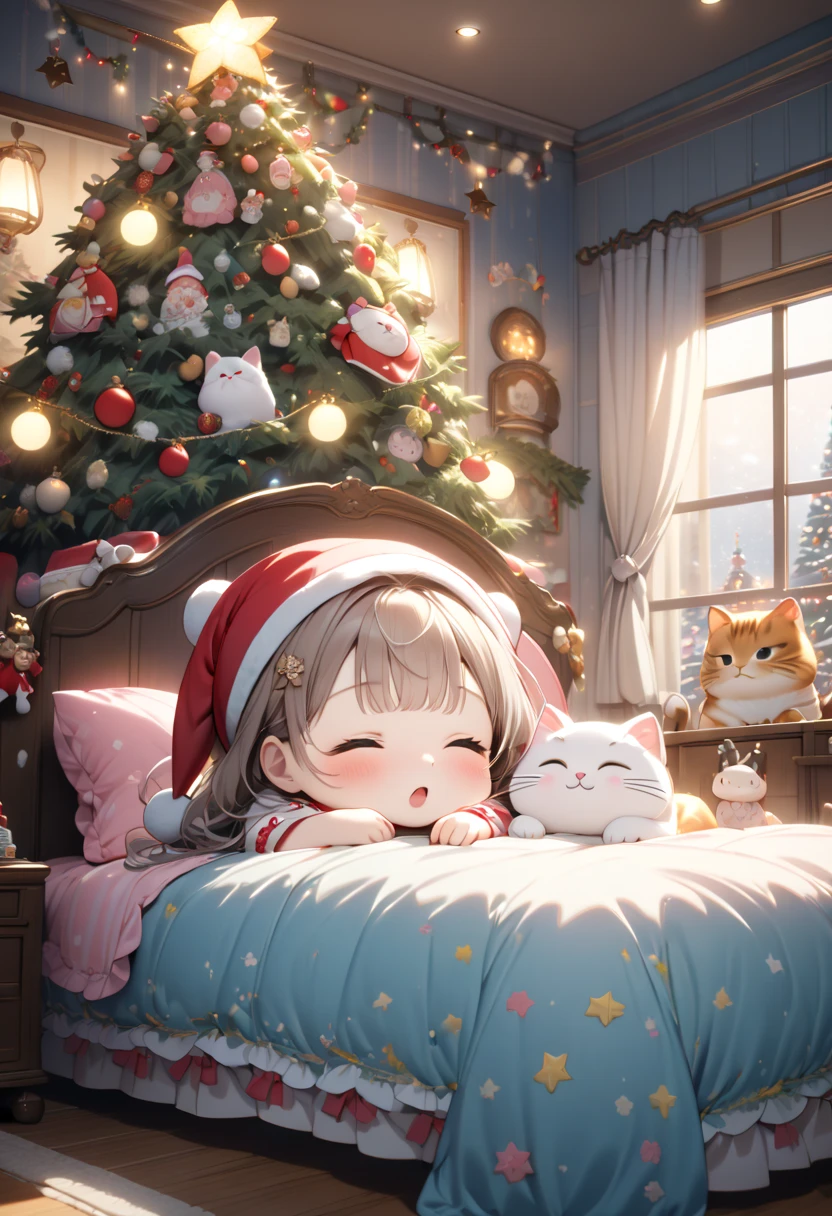 (masterpiece), (ultra-detailed, best quality, clear focus, dramatic scene, cinematic), shadow, (ultra-high resolution, 8k), perfect anatomy, perfect face, (detailed face), (detailed closed eyes), (chibi), cute Japanese chibi girl, famous Japanese chibi idol, very beautiful and cute and cool face, (wearing a cute room wear:1.2), nightcap, (large breasts), (She is sleeping on the bed:1.2), stylish table and chair with cute furnishings, at night, window with closed curtain, Christmas decorated cute room, she is so scared of many ghosts flying in the room, dynamic angle, (a very cute giant fat cat is mewing with her:1.3), professional lighting, (many detailed cute cat:1.2), (The gorgeously decorated Christmas tree with illumination by the bed:1.2), 