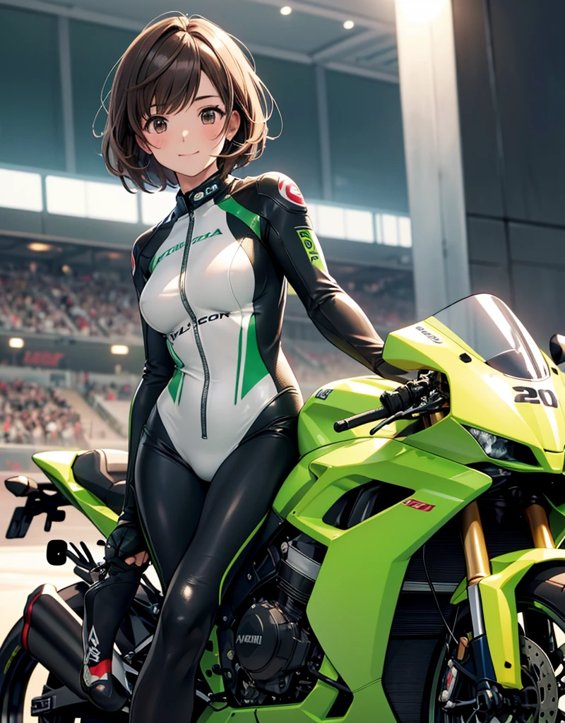  One girl , solo,  high res, chest,  blush,  smiles,  short hair , bangs,  brown eyes,  high res, masterpiece, accurate,  anatomically correct,  wins numerous awards, 最 High Quality , high detail,  high definition model ,  High Quality ,  retina,  very detailed,  Ultra Fine, Brown Hair, standing, ((( GREEN LEATHER RACING SUIT ))), circuit field background , GREEN SPORTS BIKE ,  Wear a green racing suit all over your body, Leather gloves,  open your mouth and laugh, Highlight the whole body,  don't reveal your skin, Hold the helmet on your right , During a circuit race, Motorcycle circuit , motorcycle circuit, Racing suit with sponsor logo , ( One girl , Well-proportioned body,  cute face,  short hair:1.2), (最 High Quality ,  high res,  ANIME STYLE,  Motorsports rider with digital drawing mode  ,  realistic :1.1), MotoGP rider,  pose beside a Moto GP bike with a helmet in hand, ヘルメットを手に,  depth of field ,  Circuit Background ,  detailed texture 