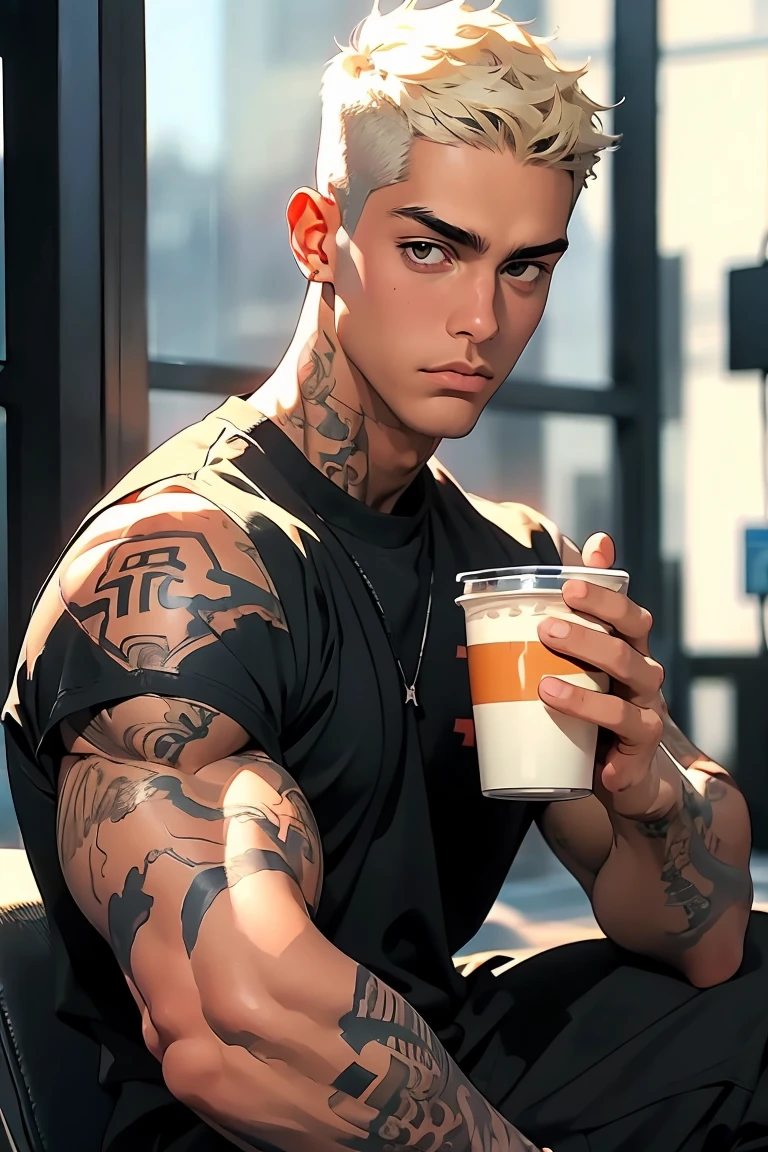 Highest quality, 8K, high resolution image, Jujutsu Kaisen anime style, dark skin, detailed strokes, blurred background, 1 man, young, golden brown eyes, strong look, meaningful eyes, muscular, muscular man, strong man, Blond Hair, short hair, (tattoos like Gekko Valorant), cool guy, fashion designer guy He is wearing a fashionable sweater and sweatpants. Background: He is sitting in front of a carmine in a warm-looking room and is holding a cup of coffee in his hand