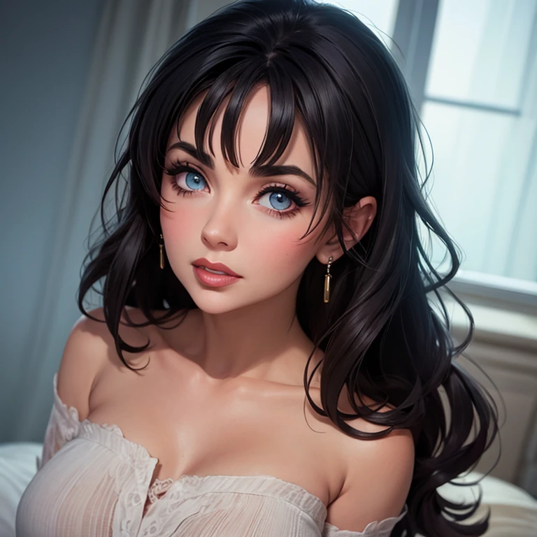 (best quality,ultra-detailed,realistic:1.37),sexy woman,beautiful detailed eyes,beautiful detailed lips,long flowing black hair,seductive look,sexy smile,amazing makeup,flowing white floral sheer dress with deep neckline,sultry pose,portrait,soft lighting,vivid colors