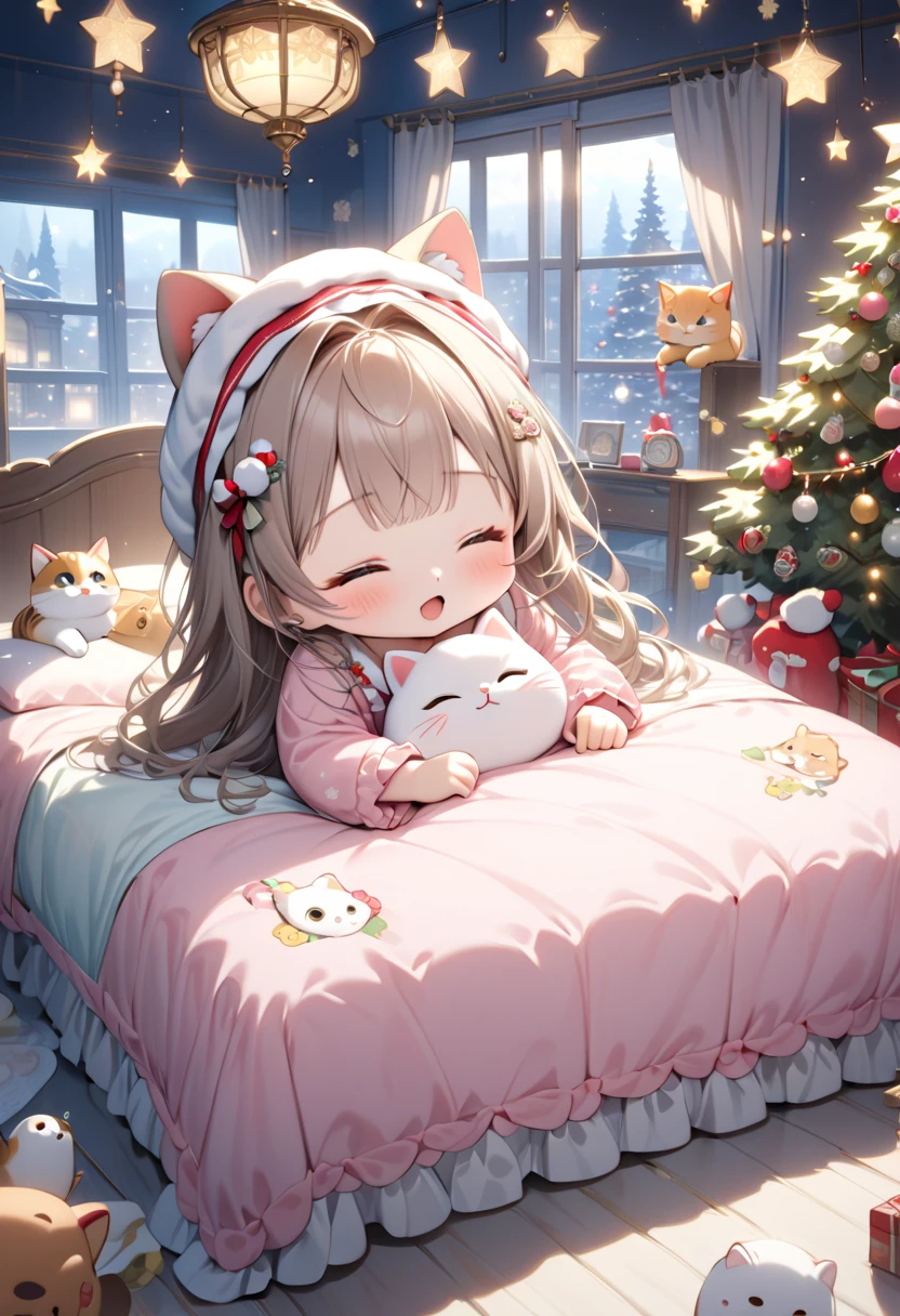 (masterpiece), (ultra-detailed, best quality, clear focus, dramatic scene, cinematic), shadow, (ultra-high resolution, 8k), perfect anatomy, perfect face, (detailed face), (detailed closed eyes), (chibi), cute Japanese chibi girl, famous Japanese chibi idol, very beautiful and cute and cool face, (wearing a cute room wear:1.2), nightcap, (large breasts), (She is sleeping on the bed:1.2), stylish table and chair with cute furnishings, at night, window with closed curtain, Christmas decorated cute room, (she is so scared of many ghosts flying in the room), (many ghosts:1.3), dynamic angle, (a very cute giant fat cat is mewing with her:1.3), professional lighting, (many detailed cute cat:1.2), (The gorgeously decorated Christmas tree with illumination by the bed:1.2), 