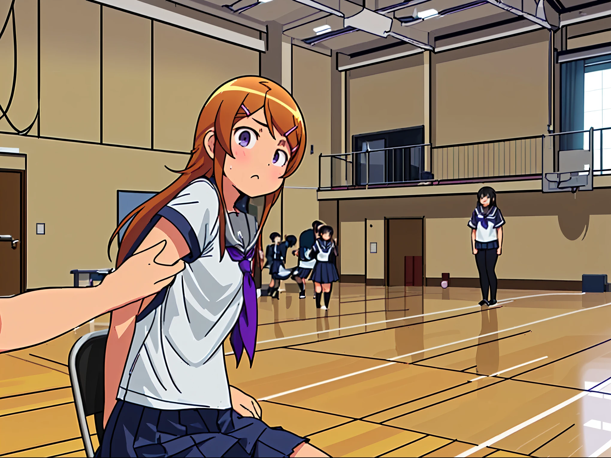  who is visiting physical education classes at the gymnasium due to poor health 、stomach ache、Loss of appetite 、 I don't feel well 、My stomach feels bad 、I&#39;m not feeling well、Sickly、I feel unwell、The physical education teacher is proceeding with the class while grabbing Kirino's upper arm from behind
Kousaka Kirino,long hair, hairclip, school uniform, grey sailor collar, purple neckerchief, white shirt, short sleeves, pleated skirt, grey skirt,c