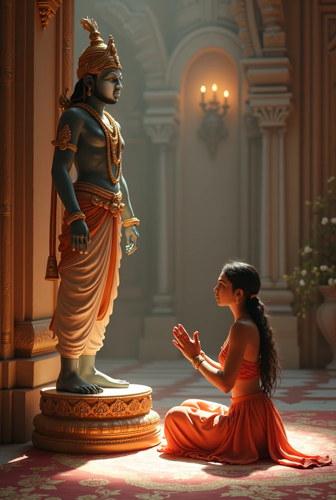 A 20 year girl wearing white apron and has name Dr. Anjali meena written in english clearly visible 
She is worshiping shree krishna 
There is statue of shree krishna taking a flute in his hand