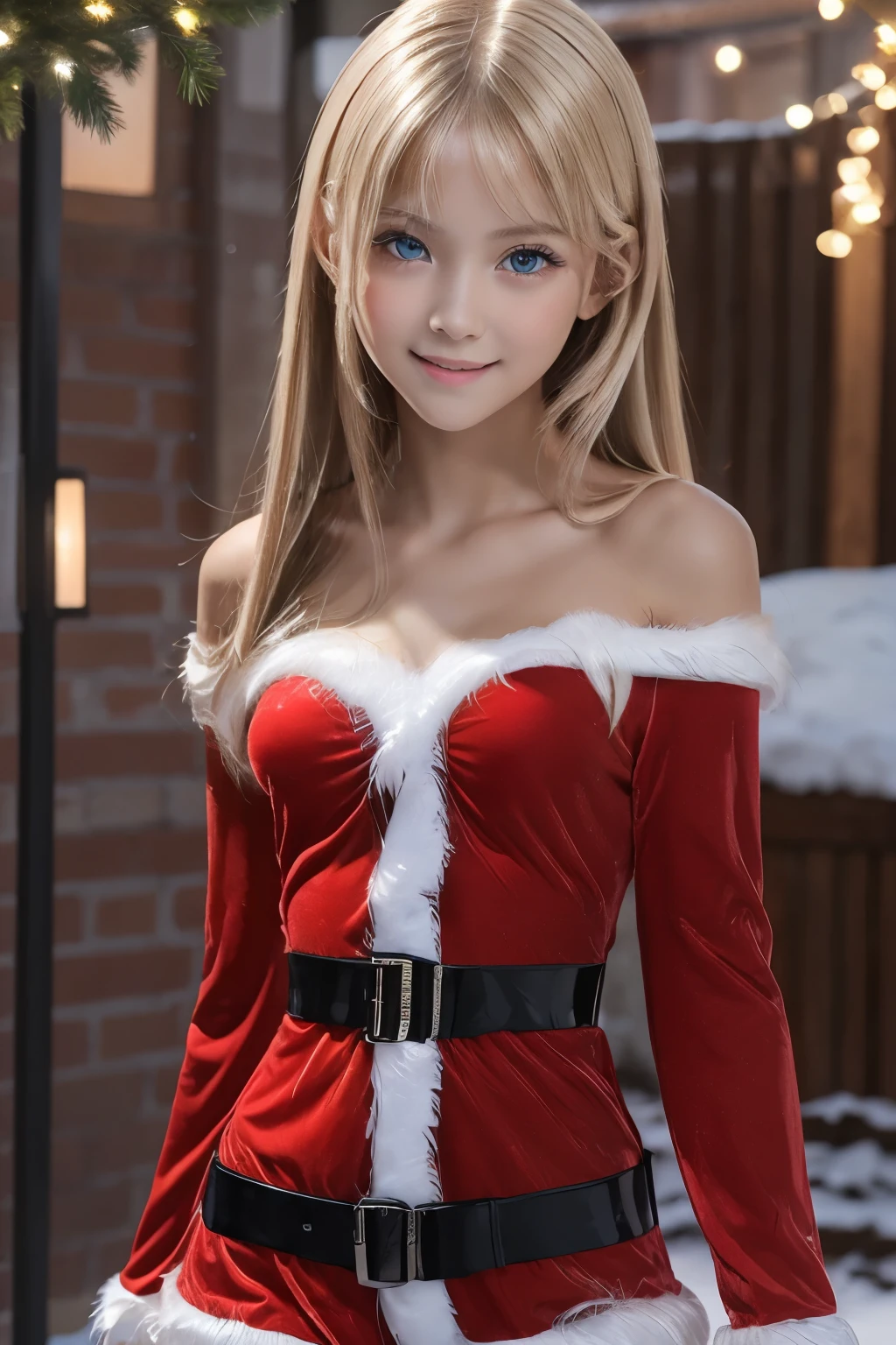 masterpiece, top quality , very detailed,photo realistic , realistic ,  Ultra High Resolution ,  Masterpiece, beautiful girl, teenager,Blonde, Straight Hair , perfect eyes, VERY CUTE ,slender, small breasts,Slim waist,smile,red Santa Claus costume,Outdoor,(night), ( big Christmas tree ),Town,snow