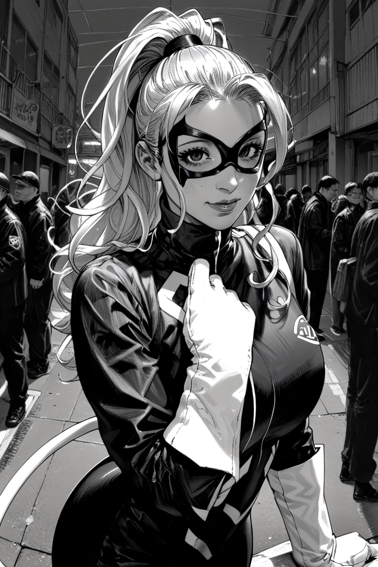 score_9, score_8_up, score_7_up, break, score_9, blckctXL, Felicia, by Hirune , hacked,  grayscale, ponytail,  black jumpsuit , gloves,  domino mask ,  looking at the viewer, photo the cowboy,  sensual and varied pose