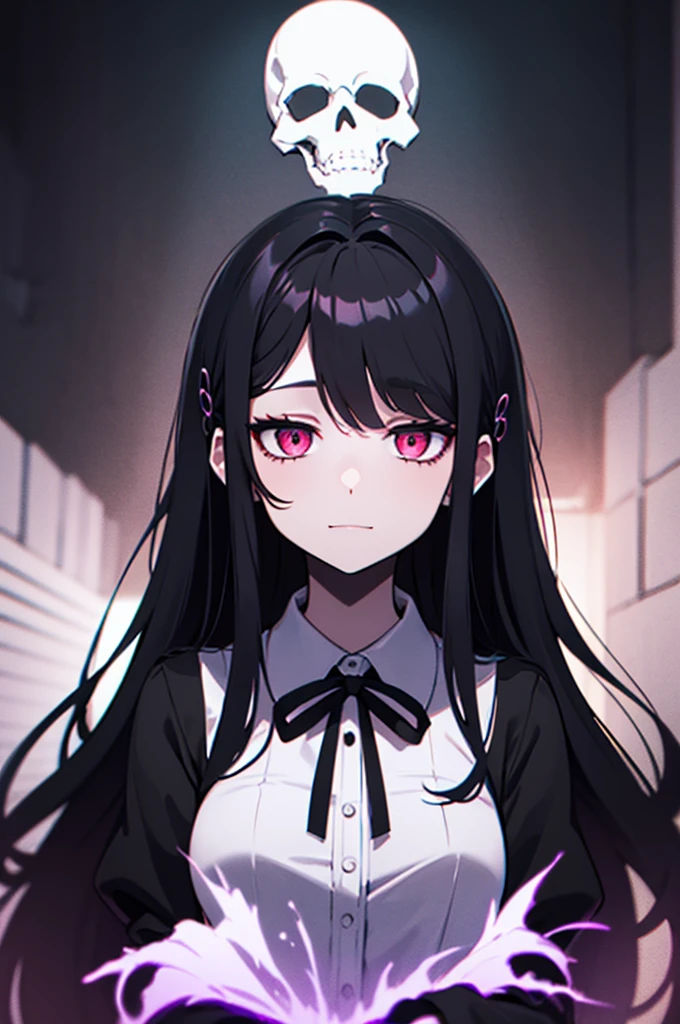 long, black hair and dark violet/hollow glowing eyes. School uniform dress with black lace and skull hair clips. Her ghostly form is pale and delicate, with a haunting, cold smile.