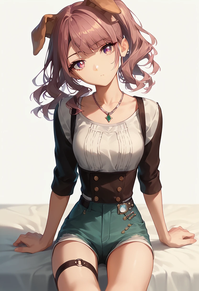 ,  masterpiece fails,  top quality ,  1girl, One,  , shorts, necklace,  looking at the viewer, hip strap ,  head tilt,  cute eyes, dog ears, Kirika Toosaki Hatsukoi Jikan