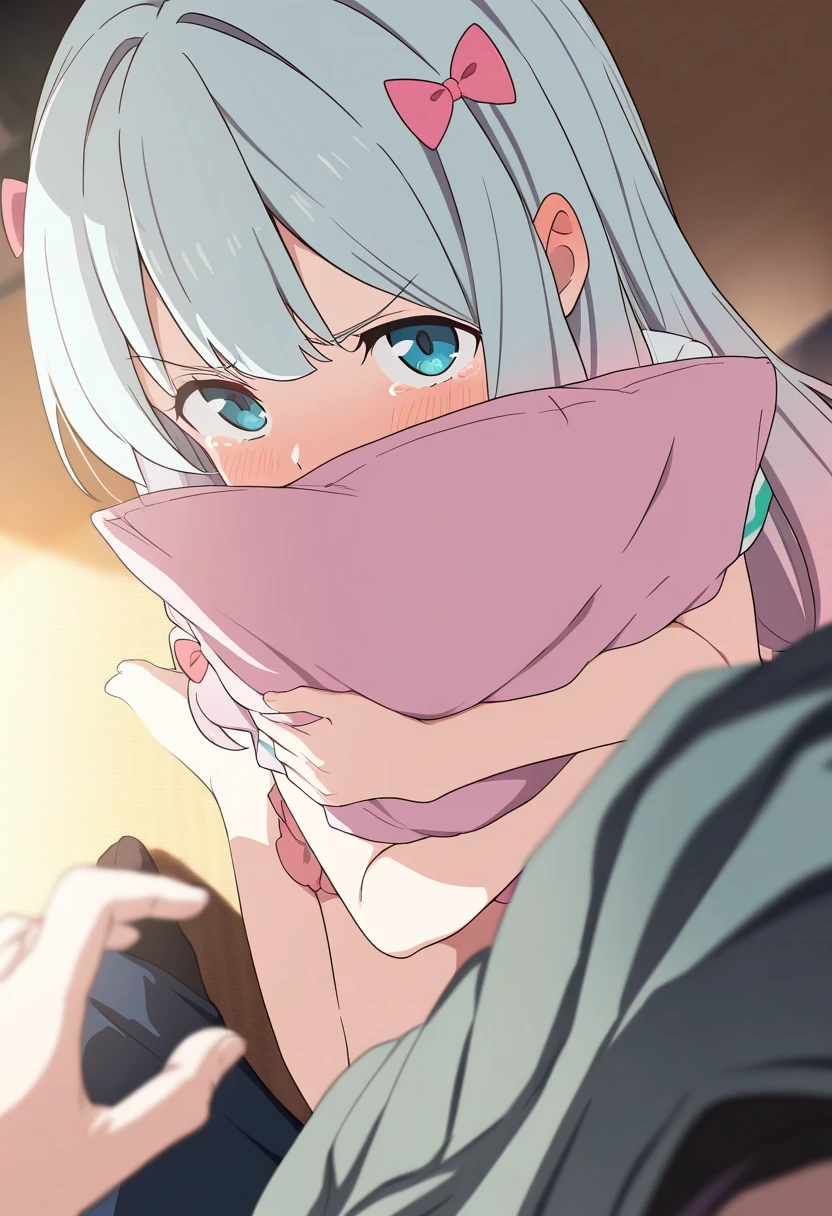 masterpiece,best quality,amazing quality,very aesthetic,absurdres,newest,
izumi_sagiri,cute face,hugging pillow,covering_mouth,wariza,from_above,pov,tears,tsundere,
ray tracing,soft lighting,dutch_angle,
masterpiece,best quality,amazing quality,very aesthetic,absurdres,newest,