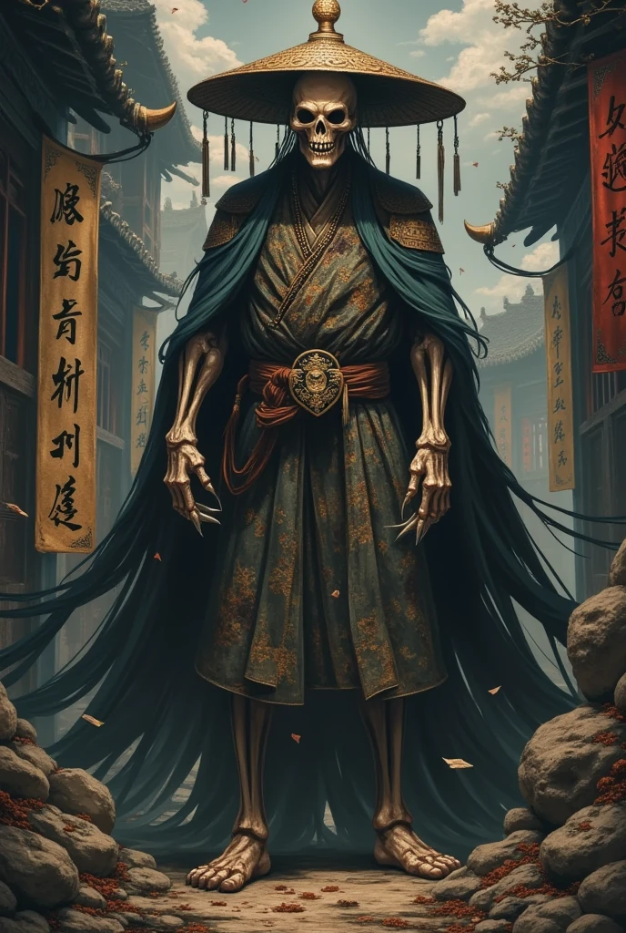 A tall black terrifying Qing Dynasty Zombies man wears Zombies_  Wearing a hat，额头上戴着黄福   , sharp teeth  ,  teeth and claws ， no belt  ，  穿着保皇党士兵经常穿的军官色黑色  ( Stills :1.5), (poster:1.5), (  油画和水彩画  :1.5),( Practical ),(( masterpiece ), (  Best Quality  ), super    high-resolution   ,  Very detailed  ,    dramatic lighting  ,    high-resolution   , 8K, Ridiculous,Chinese building, Chinese tower, Outdated , (Chinese_Cleaning_Zombies:1.5),  调色板又黑又令人毛骨悚然  ,  制造恐惧气氛 . The overall composition reflects the ink elements of Asian horror posters and traditional Chinese aesthetics , (  抹掉并排除日韩风格  ).