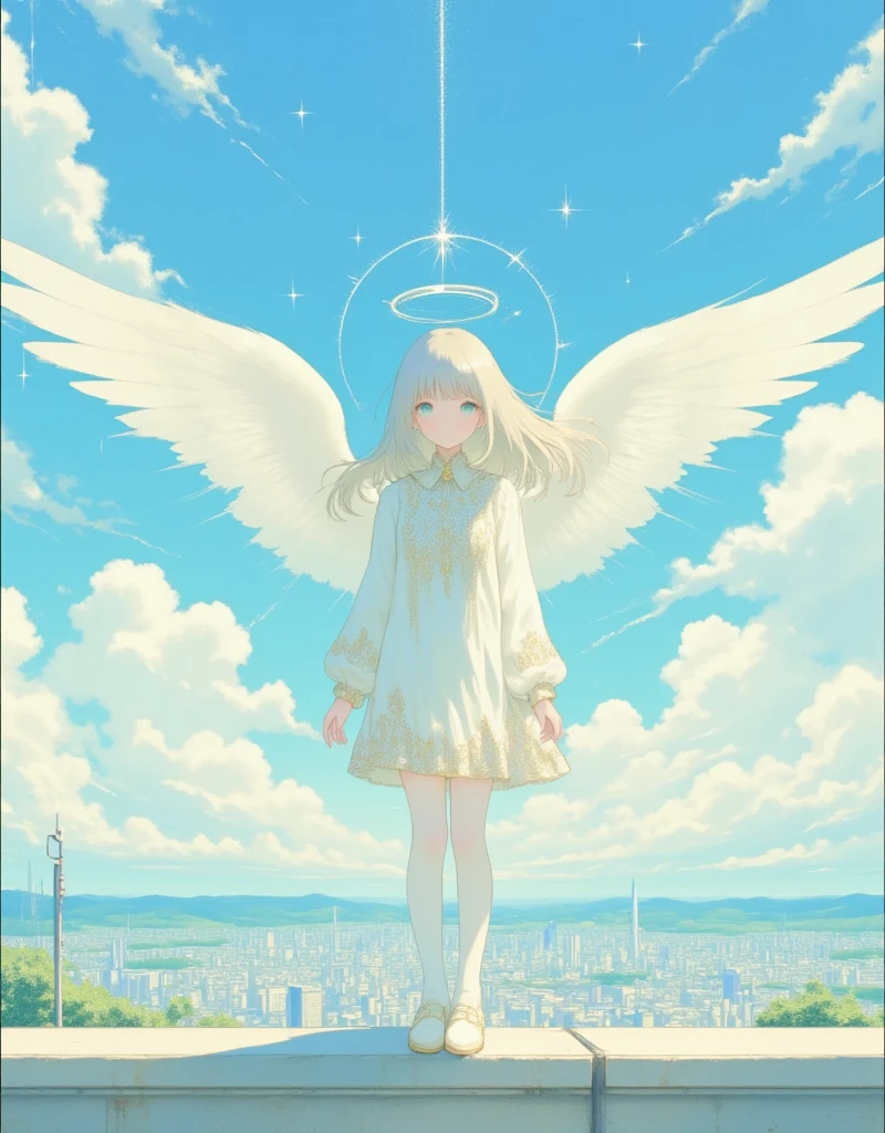 A breathtaking illustration of a celestial angelic figure standing on a high ledge overlooking a vast cityscape under a vibrant blue sky with fluffy white clouds. The angel has long, flowing white hair that shimmers in the sunlight and wears a majestic white dress adorned with intricate golden patterns. Her large, powerful wings are spread wide, with soft feathers intricately detailed in shades of white and gray. A glowing halo floats above her head, radiating soft light. Her expression is serene yet slightly melancholic, as if contemplating the view below. The city is depicted in great detail with countless buildings and rooftops stretching to the horizon, bathed in warm sunlight. The overall composition conveys a sense of divinity, beauty, and solitude,angelic atmosphre, bright , glittering particles, shiny, soft color, kawaii anime, cute illustration