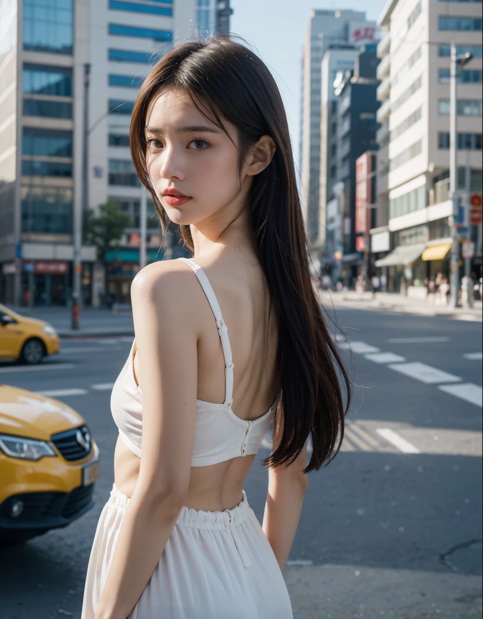 finely detail, hight resolution, hightquality、Perfect dynamic composition, Beautiful detailed eyes, Medium Hair, small tits、Natural Color Lip,Kamimei、Shibuya、20 years girl、1 persons、Transparent skin、Glowing hair、masutepiece, Best Quality, Illustration, Ultra-detailed, finely detail, hight resolution, 8K、The correct state of the human body、crouching down、Gravure Model Pose,Hair soaring in the wind