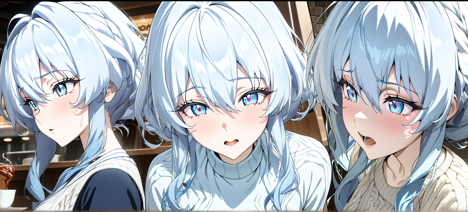 1 girl, A light blue haired girl, (detailed anatomical features, anime style:1.2),ultra-detailed, anime, anime style, blue eyes, cafe, UHD, masterpiece, accurate, anatomically correct, textured skin, super detail, high details, high quality, award winning, best quality, highres, 16k, expressions, sweater, perspective, golden ratio. unaestheticXL_cbp62 , HDA_CableKnitXL, NegPDXL-DHP, Stable_Yogis_Animetoon_Negatives, Stable_Yogis_Animetoon_Negatives-neg, aidxlv05_neg, solo