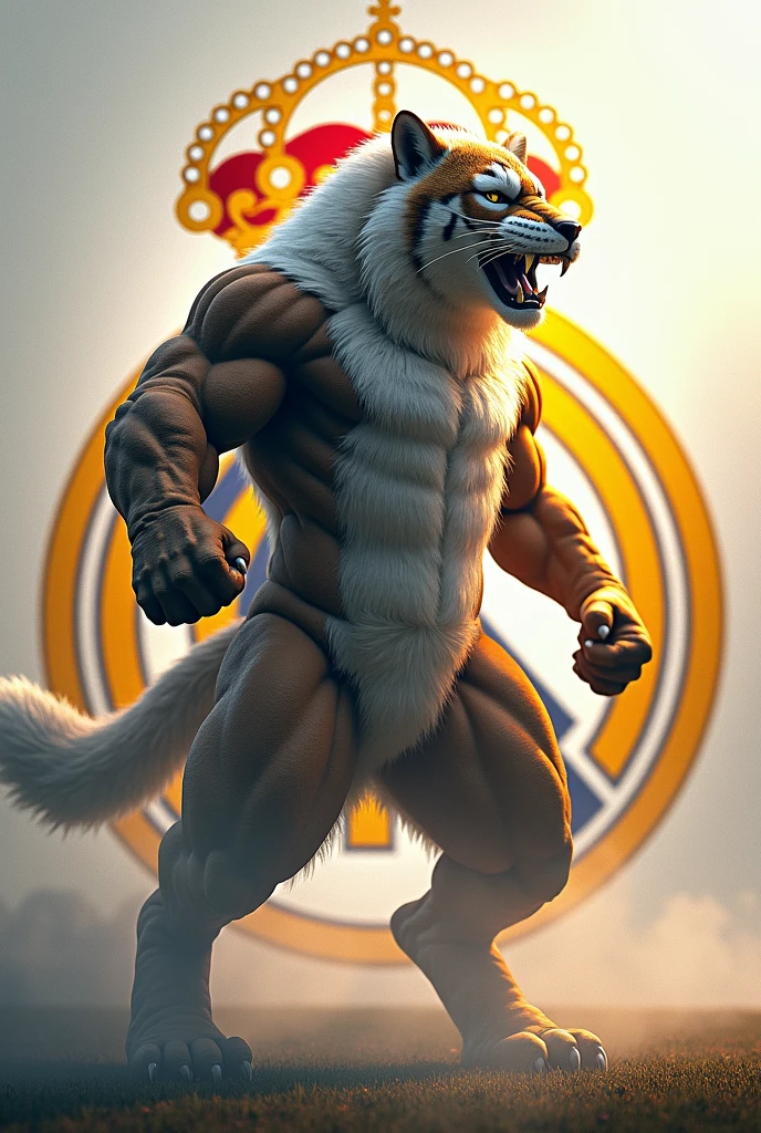 Un lion blanc debout comme un humain sur 2 jambes et qui porte le maillot de Al-Nasser Football club sur un terrain de football