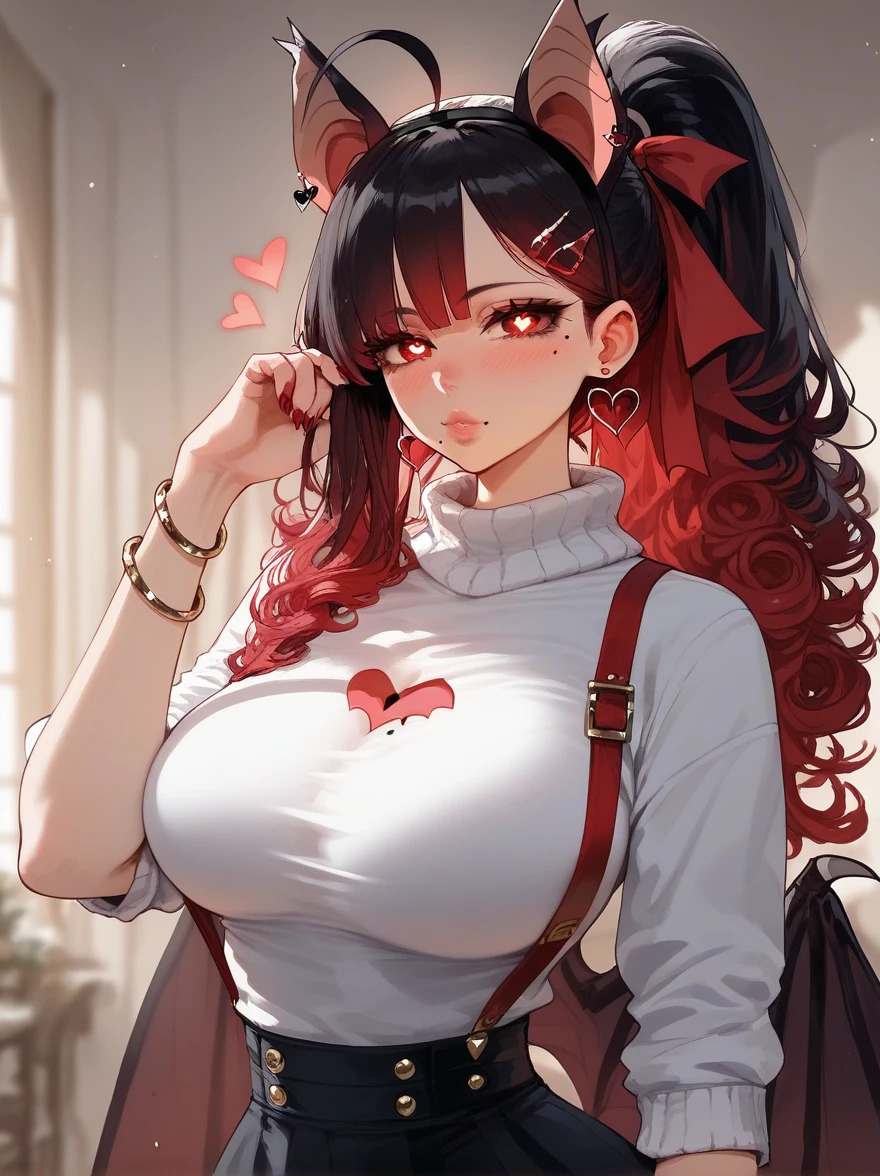 Masterpiece, best quality, upscaled, HD detail, detailed, good quality, score_9, score_8_up, score_7_up, detailed eyes, mole on face, mole on breasts, lips, ((large breasts)), heart earrings , red hair,  ,red eyes, High ponytail, long side hairs, eyes through bangs, hair clips, detailed eyes, hair ribbons, jewelry, heart-shaped pupils, eyeliner, dolly eyelashes, ,  ahoge, curly hair, blush, bracelets , skinny waist, bracelets, nails, black hair undertone, bat ears, bat wings, suspenders, short skirt, sweater top, looking at viewer , ((bat ears on head)), red hair , ((few colored hair streaks))