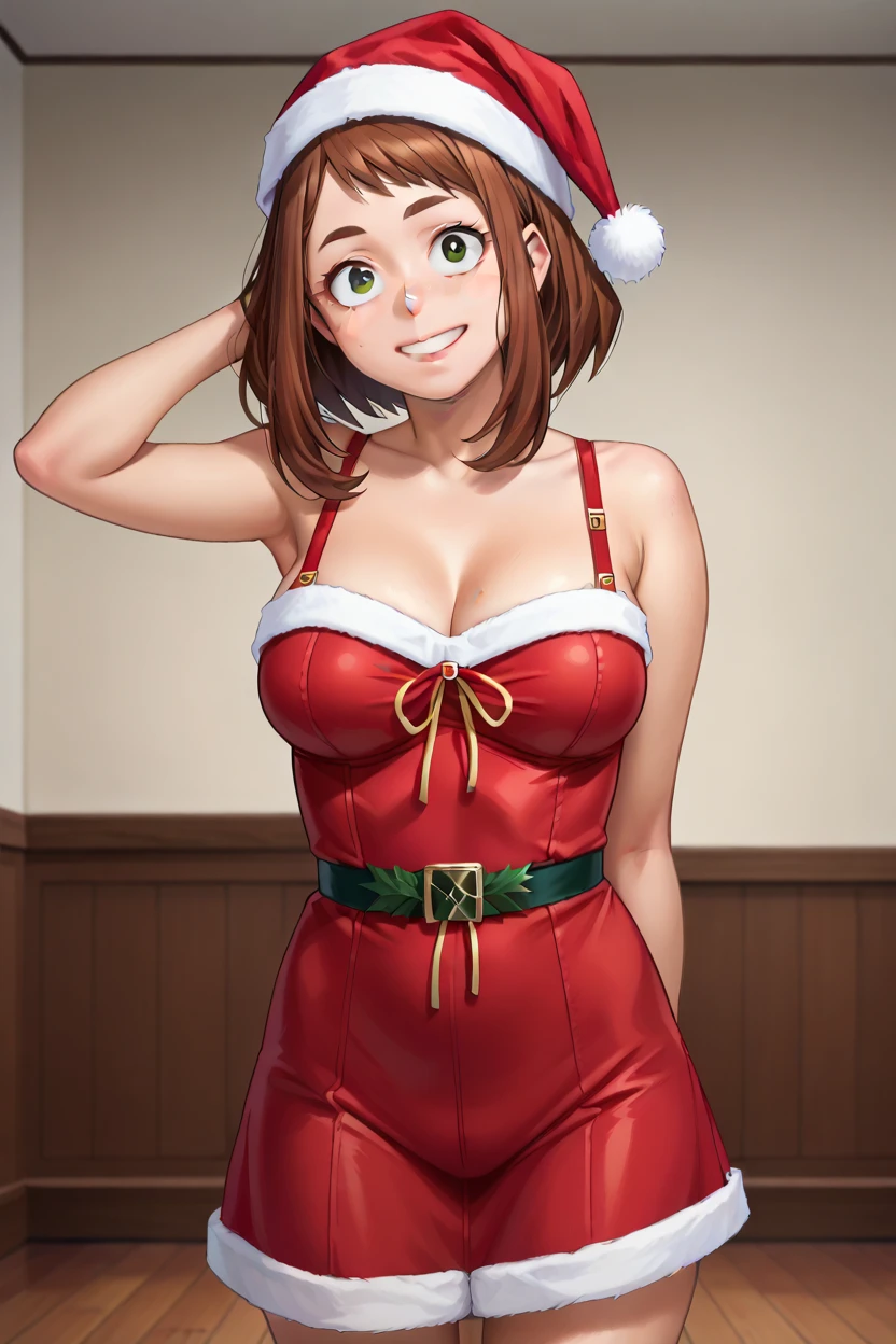 score_9, score_8_up, score_7_up, score_6_up, score_5_up,score_4_up BREAK official style,anime screencap, uraraka ochako, 1girl, brown hair,brown eyes, solo,, contrapposto, medium breasts,arm behind back, n,smile, blush stickers,looking at viewer,(from side:0.8),   room, indoors, sexy pose, dark, christmas, christmas outfit,breasts, cleavage, big breasts