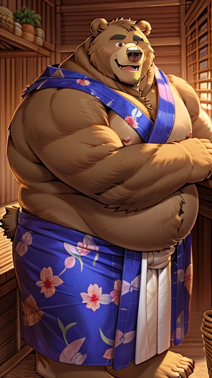 Fat strong male bear beast man。yukata。anime。smile。