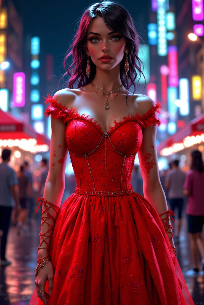Full-length high definition illustration 1.2, unrivaled masterpiece, Ultra-realistic, 8K, Perfect work of art, ((young woman in red long dress)), (((Single))), wet hair, curly hair, character in the middle, standing, masterpiece, 8k, ultra realistic, sexy woman with a rectangular figure, full-length, standing full-length, (((rectangular female figure))), beautiful face, expressive eyes, red lips, huge natural breasts, even waist with hips, natural lighting, vibrant colors, realistic rendering, professional artist, creative process, confident pose, artistry, fashionable outfit, perfect composition, exquisite technique, captivating look, artistry, alluring atmosphere, unique style, feminine charm, stunning works, high resolution, 8k image, dynamic background, impeccable detail, on the streets of seoul