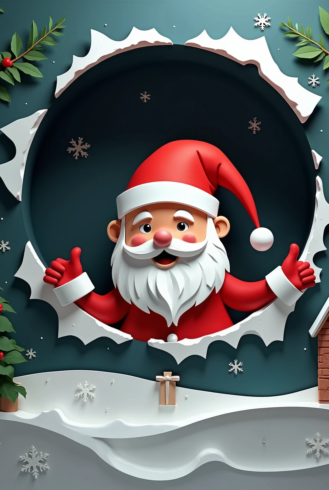 (1 male:2.0),(Santa Claus is peeking out of a round chimney hole:2.0),(An opening style depiction of 007:2.0),( background is black:2.0)