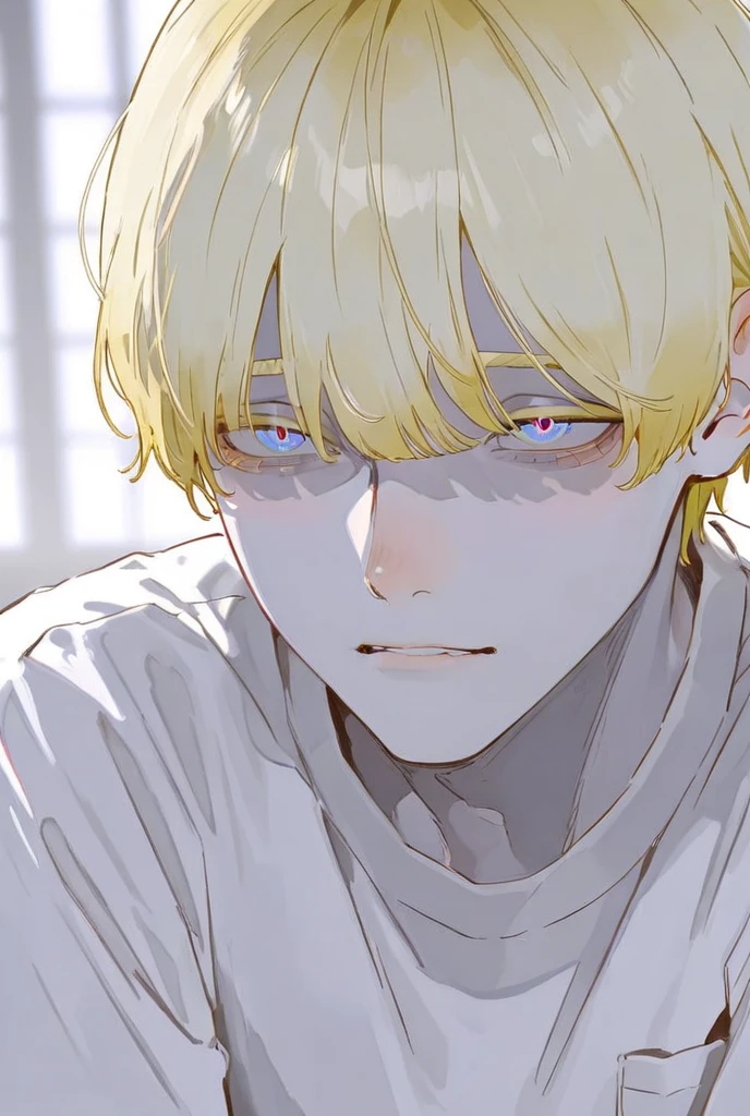  pale shade, 1 adult male,Blonde,  shortcuts, bangs,  gradation colored eyes,  fuzzy expression ,  blurred background , shirt 