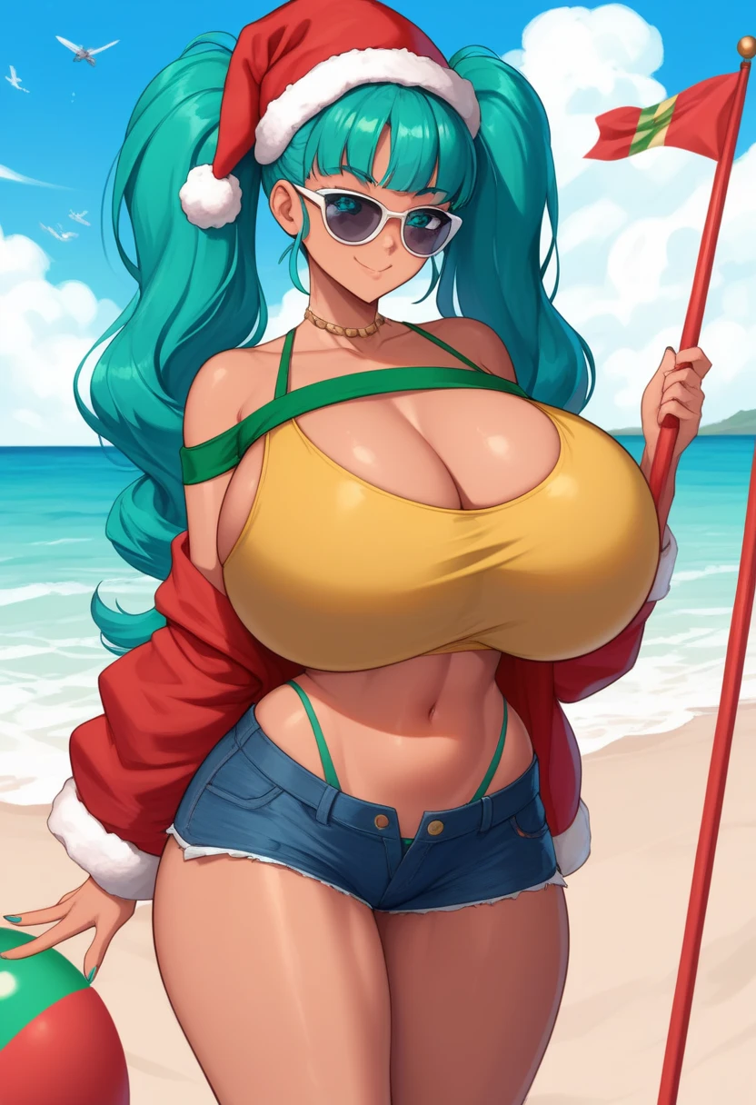 Gigantic breasts breast enlargement full-body shot, BM, long hair, twintails hair, teal colored hair, large expressive eyes, teal eyes, wearing a yellow off-shoulder crop top with the Brazilian flag printed on it, blue denim short shorts with a frayed hem, sunglasses on her head, tanned skin One by the beach santa hat christmas costume