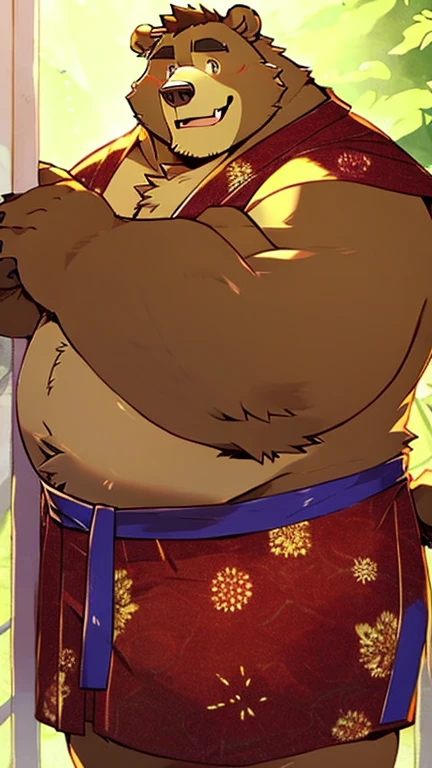 Fat strong male bear beast man。yukata。anime。smile。