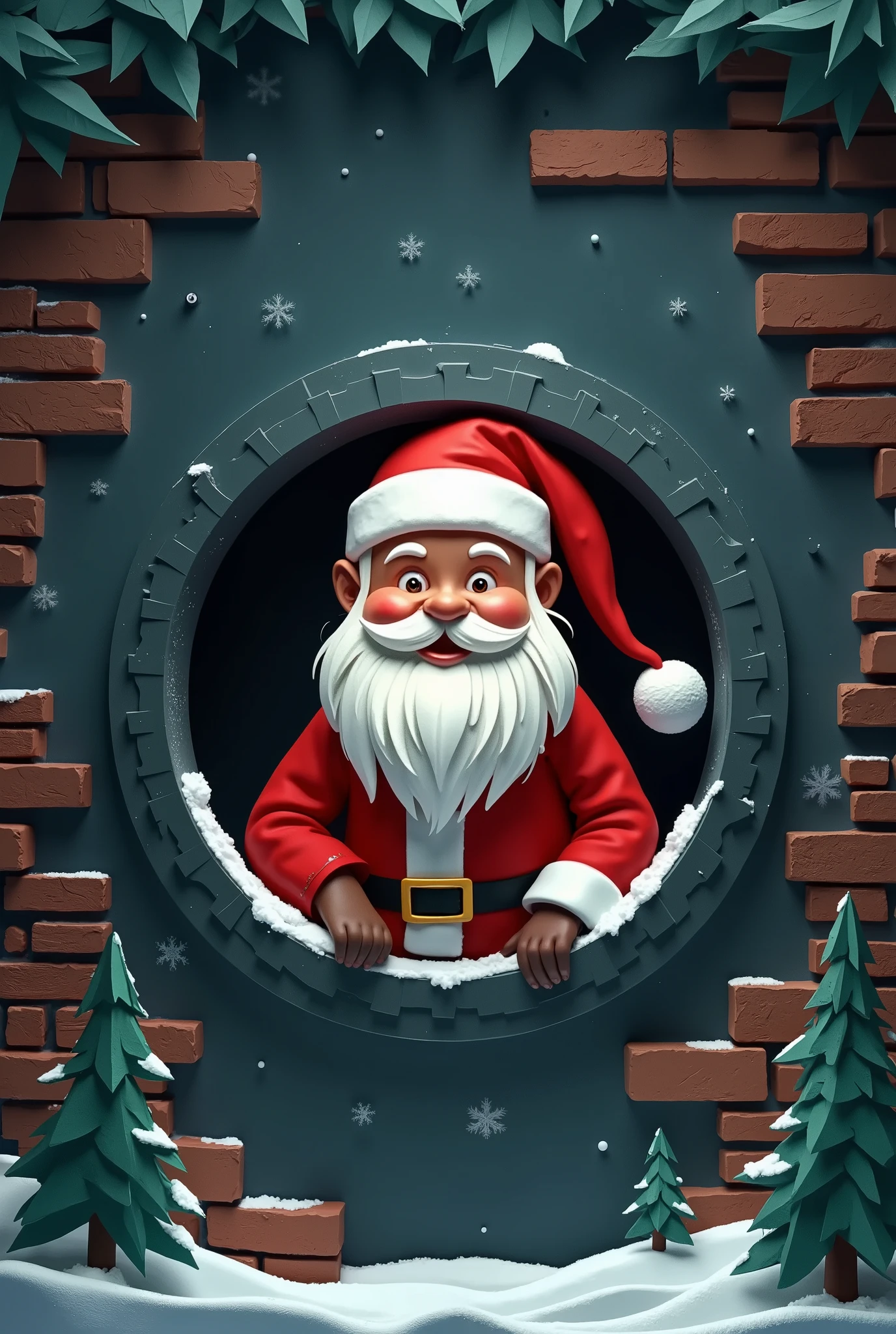 (1 male:2.0),(Santa Claus is peeking out of a round chimney hole:2.0),(An opening style depiction of 007:2.0),( background is black:2.0)