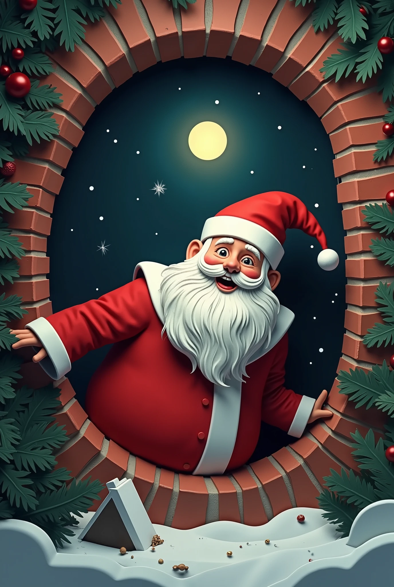 (1 male:2.0),(Santa Claus is peeking out of a round chimney hole:2.0),(An opening style depiction of 007:2.0),( background is black:2.0)