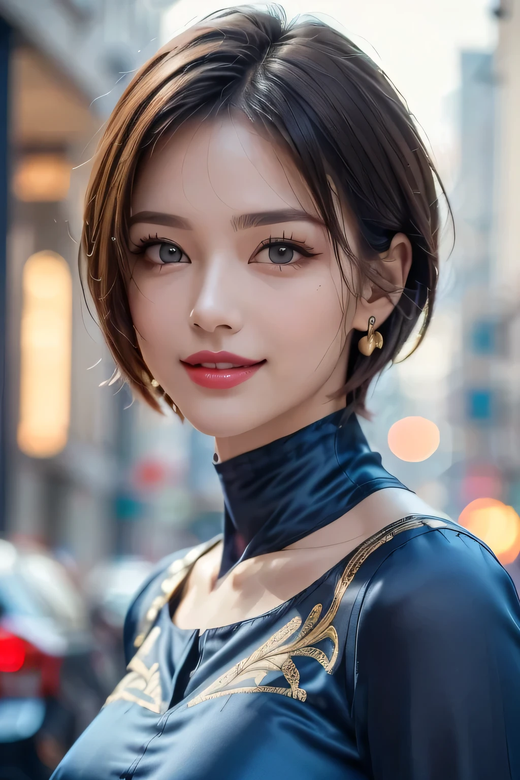 (1.   Beauty ,   supermodel  ), (     Perfect Anatomy ), ((upper body)), Golden Ratio, (top quality:1.4), 32k resolution, (   realistic     :1.5), High resolution UHD, (masterpiece :1.2)), (Improved quality:1.4), (  Very beautiful face details  ), (grin), (top quality), (( DECORATED blue SILK DRESS WITH DETAILED PATTERNS :1.37)),   earrings,    necklace, (Big Breasts:1.3), (thigh), Accurate Fingers,  very detailed,  beautiful eyes,    double eyelid ,    eyelash   , Shaping your eyebrows, ((  very detailed)),    red cheeks   , Ultra-    realistic     eyes, Perfect Lips,      perfect eyes,    Natural Cosmetics  , [contains pink lipstick], (( Commitment to quality     :1.2)), (   beautiful lips:1.33), (Great nose:1.2), (Big Breasts),     brunette pixie cut, ((   realistic   )), ((  Sharp Focus )), (    highest resolution), ((   high image quality)), ((masterpiece)),    PROFESSIONAL CINEMA LIGHTING  