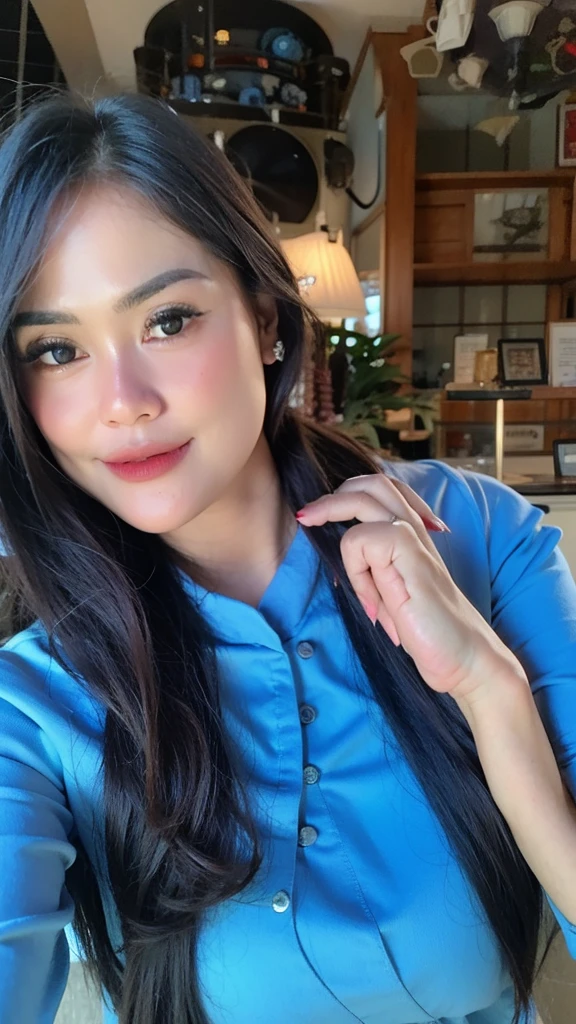 a woman in a blue shirt and a blue tie