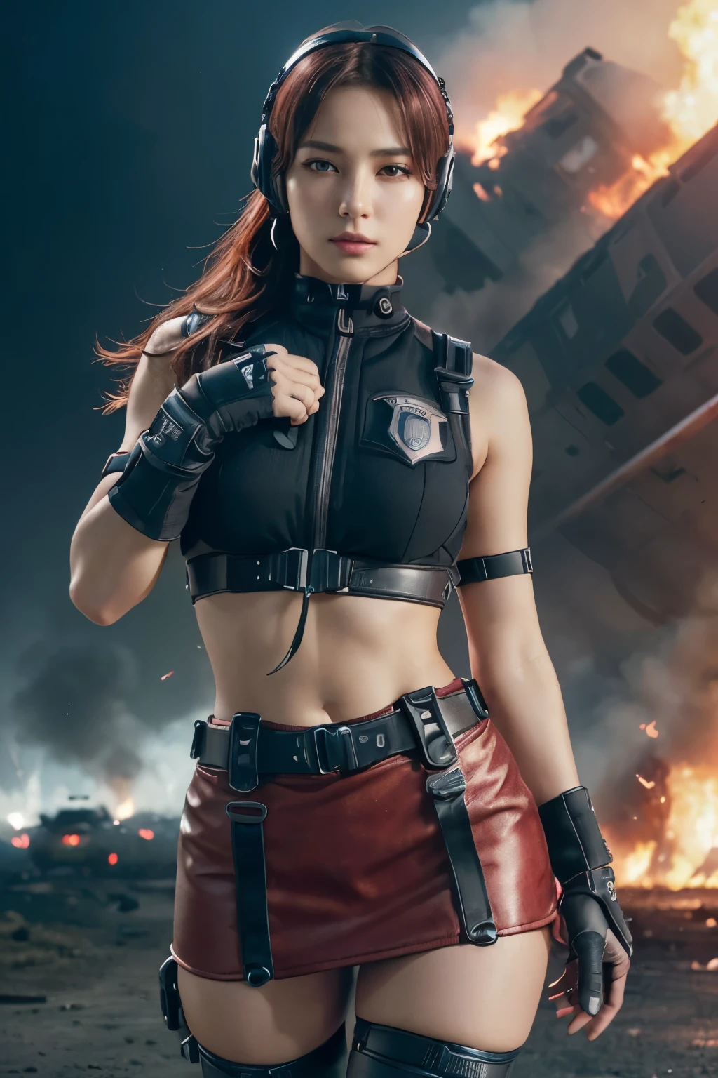 Best work, Best quality, High resolution, 8K, (Portrait photo: 1.5), (Real photo), original photo, digital photography, (Combination of cyberpunk and fantasy style), open top, (Female soldier), girl 20 years old, messy hair style,With bangs,(Red eyeshadow, accessories,Red Lips,(He frowned,Pouted),(Cyberpunk combined with fantasy style clothes,Open design,joint protector,police uniform,Red clothes,red color ),exposing your navel,Photo poses ,Realistic style,Thunder and lightning on a rainy day,(Thunder Magic),oc create reflection texture
