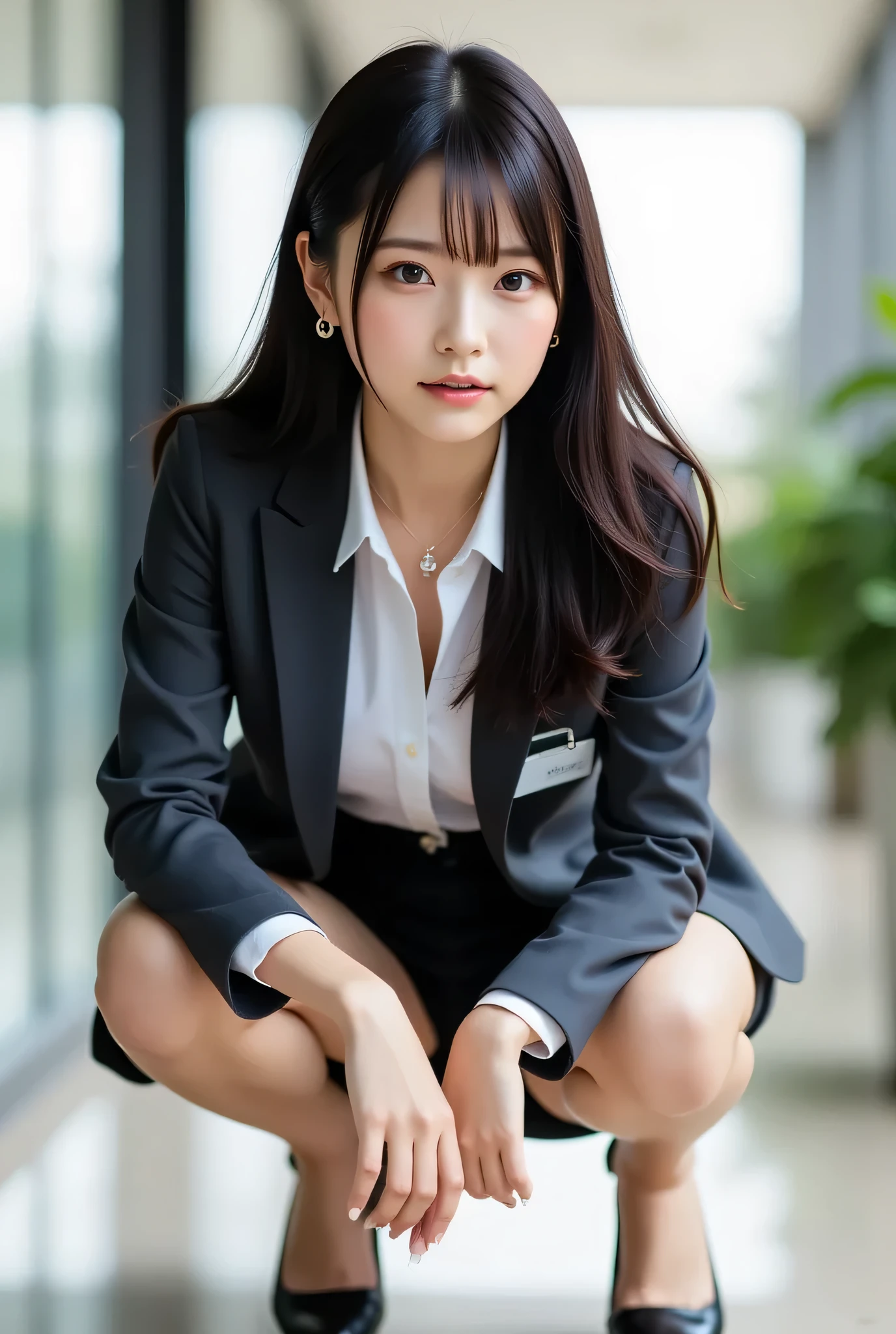 A best quality, photorealistic image of a stylish, professional office lady with long black hair, in a dynamic squatting pose. best quality, fine details in the eyes and skin, studio lighting, 30 years old, Japanese, black eyes, long black hair, sleek, moderate breasts, full lips, earrings, necklace, charcoal tight suit, white blouse, mini skirt, high heels, name tag, long sleeves, modern office lobby, squatting, slight motion blur, looking towards the side, composed, focused, from a slightly low angle, full-body.