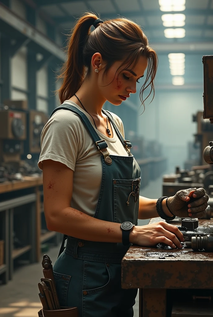 a woman working on a sewing machine in a factory, ((muscular body)), detailed, ((detailed body)), (dynamic pose)