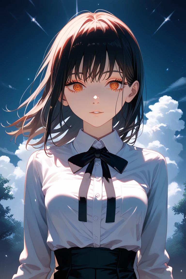 (  ultra-realistic  ), ( illustration), ( high res), (8k), ( extremely detailed), (best  illustration), night (  Chainsaw Man  ), (美しい detailed eyes), ( top quality ), ( ULTRA DETAIL), (masterpiece), ( wallpaper), ( detailed face ), Alone,  upper body,  focus on the face,  1 girl,   Long Black Hair , Korean,  thin eyeshadow,  detailed eyes,  brown eyes,  small mole under eye , Long sleeve shirt, Neck Bow,   small breasts,  Dynamic Pose , Low lighting,   knight ,  dark, cloud,  dark   knight 