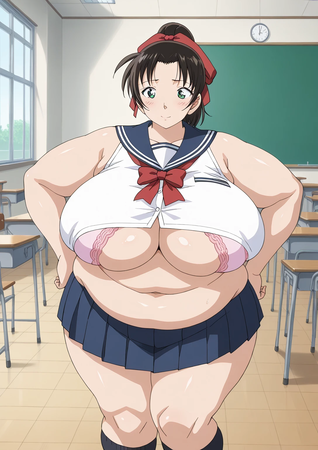 (1girl:1.5, girl sleeping on her back:1.9, White sailor suit, shirt lift, Short sleeves, red neckerchief, Highleg Panties, blue eyess, Purple hair, Bangs, Side Ponytail, Hair Ornament, Glamour, gigantic breasts:1.9), (bra:1.9), Anime cel drawing style, Best Quality, High resolution, embarrassed, fear, blush, looking at viewer, cowboy shot:1.6, bedroom, (nsfw:1.2), (1old man, Ugly bastard:1.8), (five fingers:1.2), (an old man grabs a girl's waist), open mouth