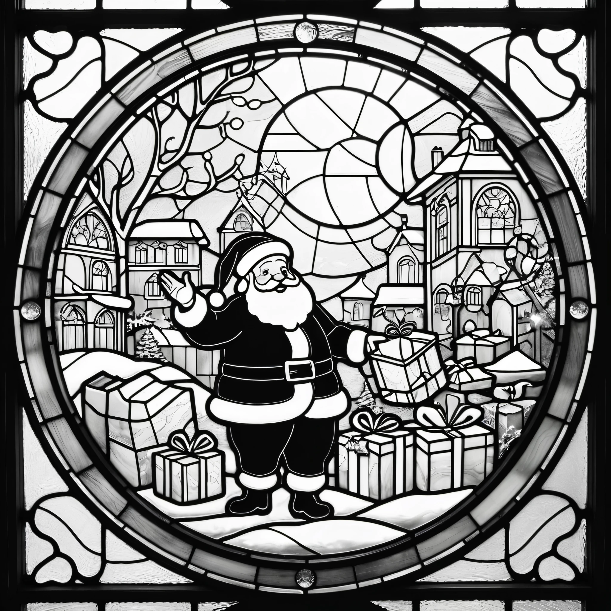circle, simple line art, black and white, Stained glass design, without colored glass, composed only of lines, The theme is Santa Claus is busy delivering presents,