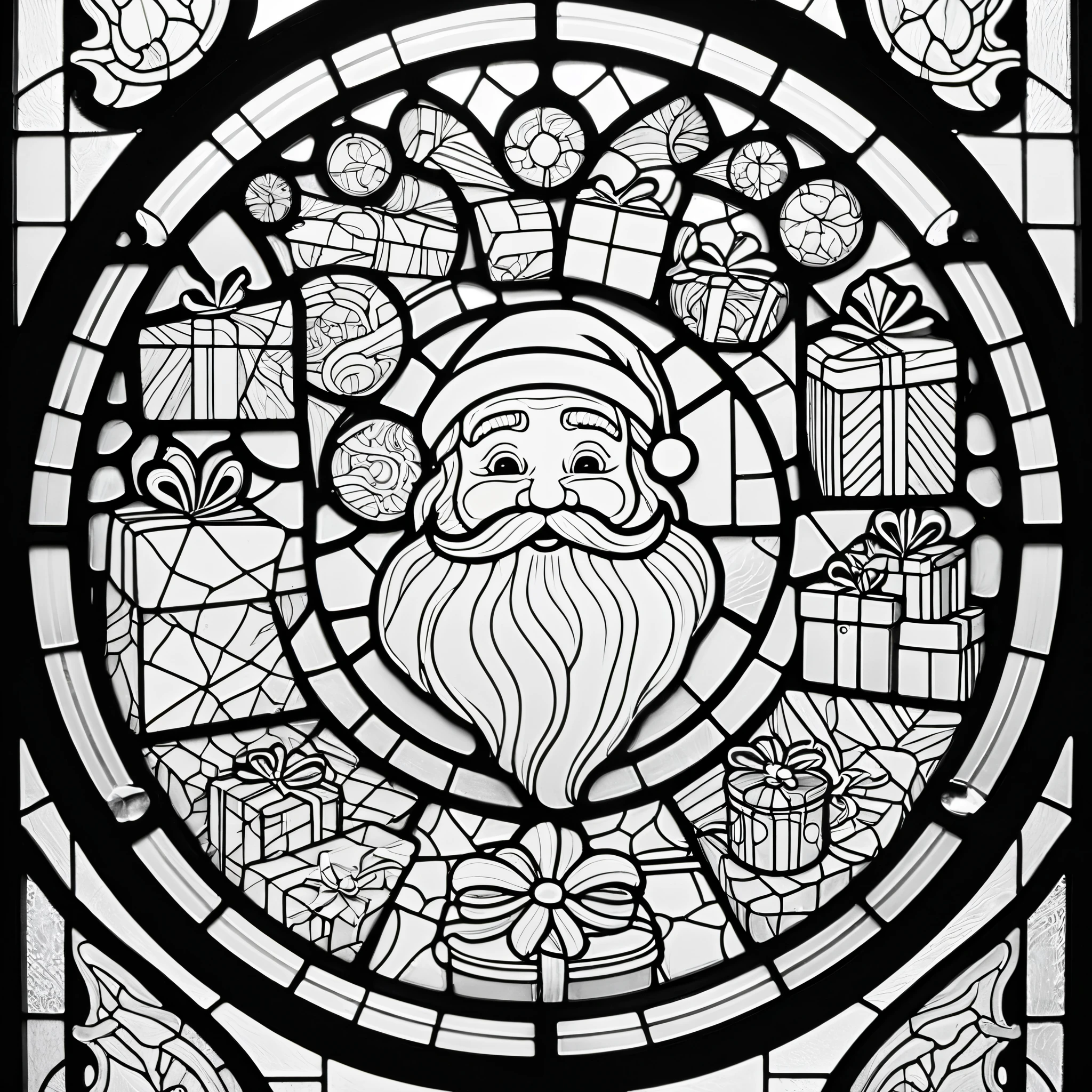 circle, simple line art, black and white, Stained glass design, without colored glass, composed only of lines, The theme is Santa Claus is busy delivering presents,