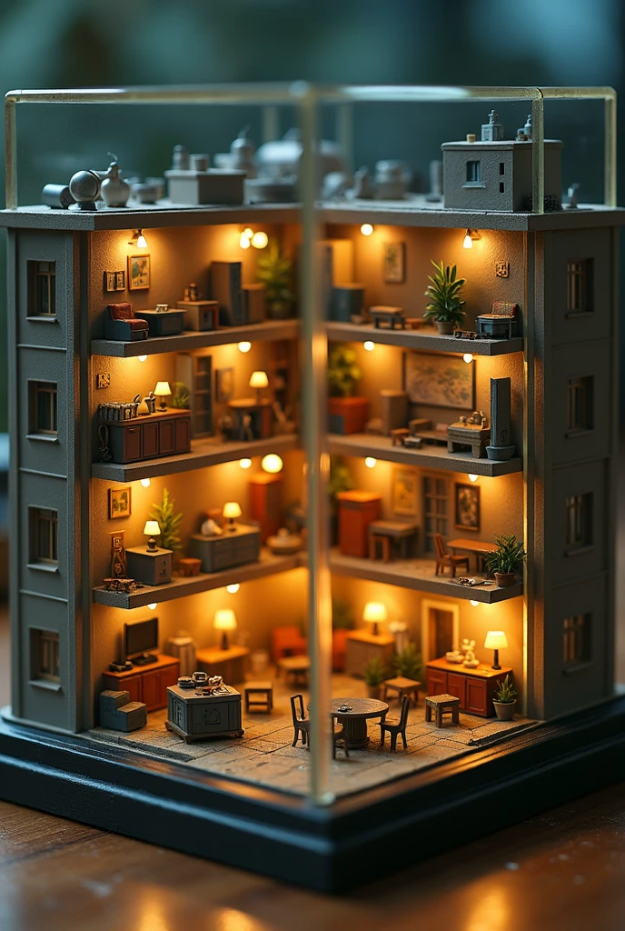  Diorma 5 cm by 5 cm by 5 cm , Khrushchevka,  Soviet Panel High-rise Building,  home and house lighting , under a glass closet 